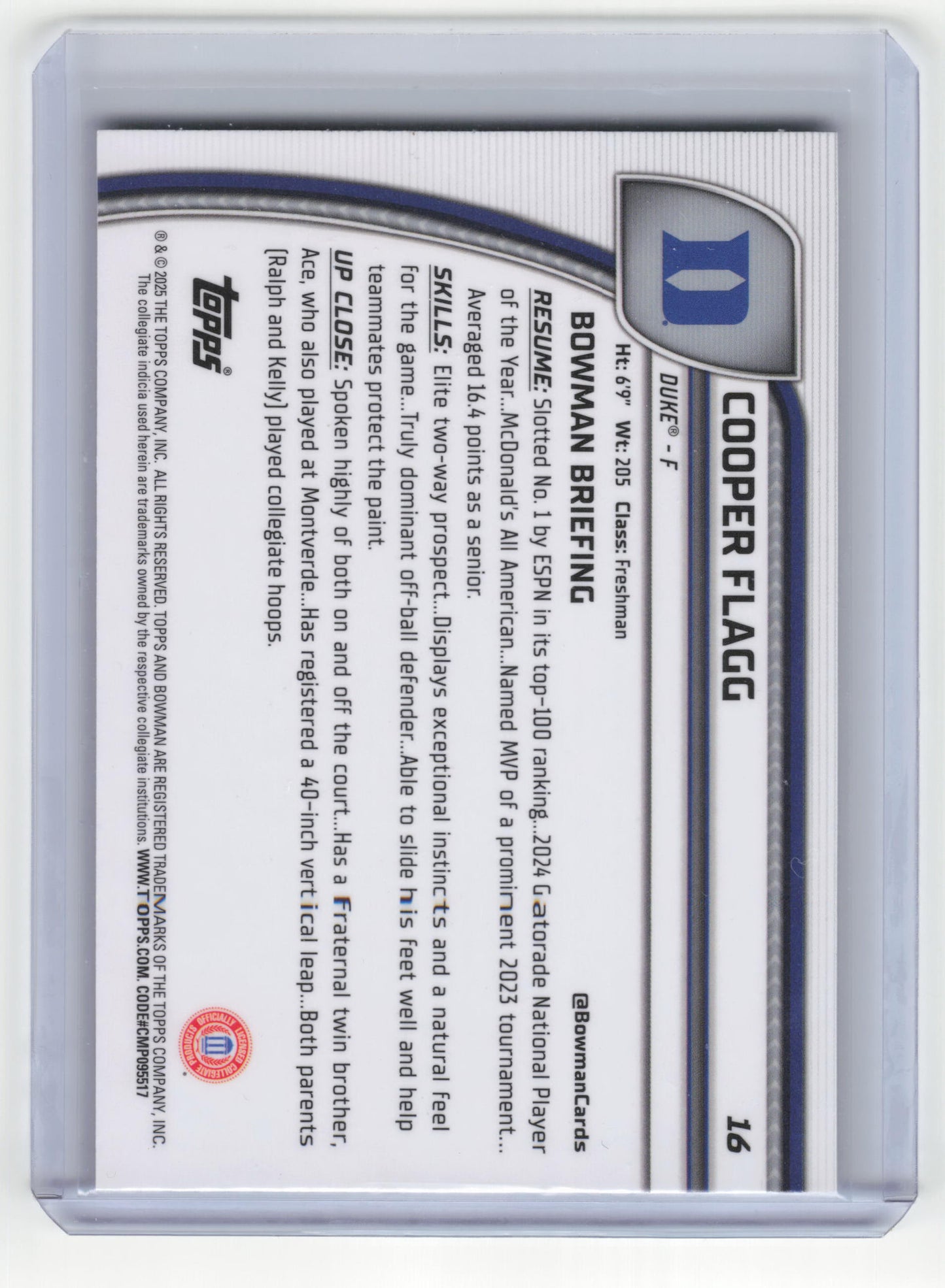 Topps 2024-25 Bowman Chrome U Basketball Cooper Flagg Rookie Near Mint #16