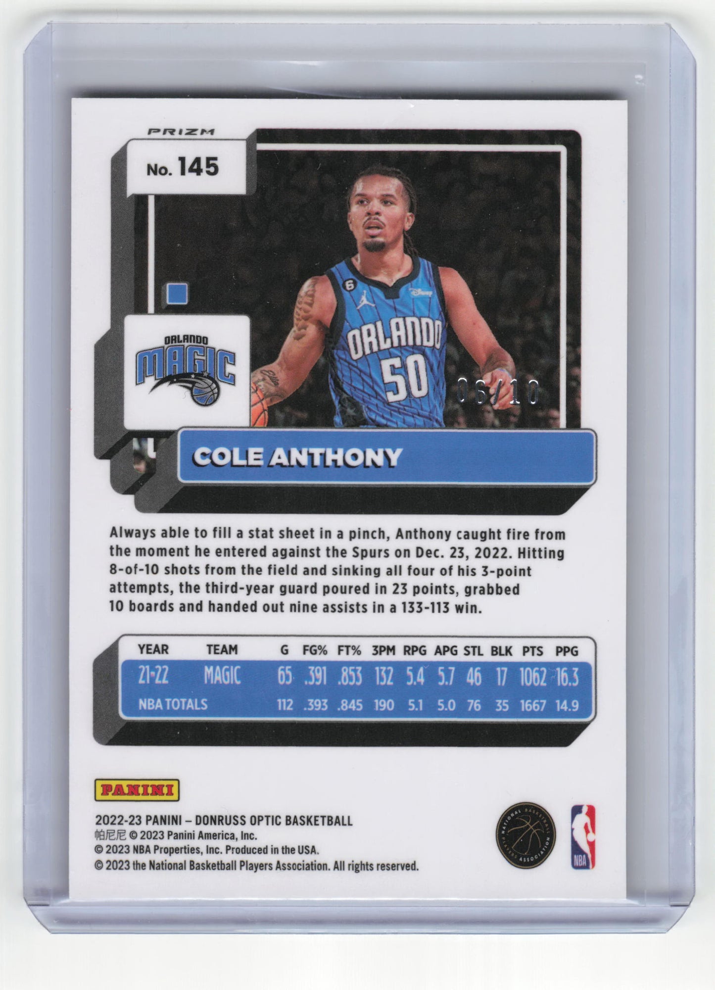 2022 Panini Donruss Optic Basketball Cole Anthony NM 06/10 Fast Break Gold #145