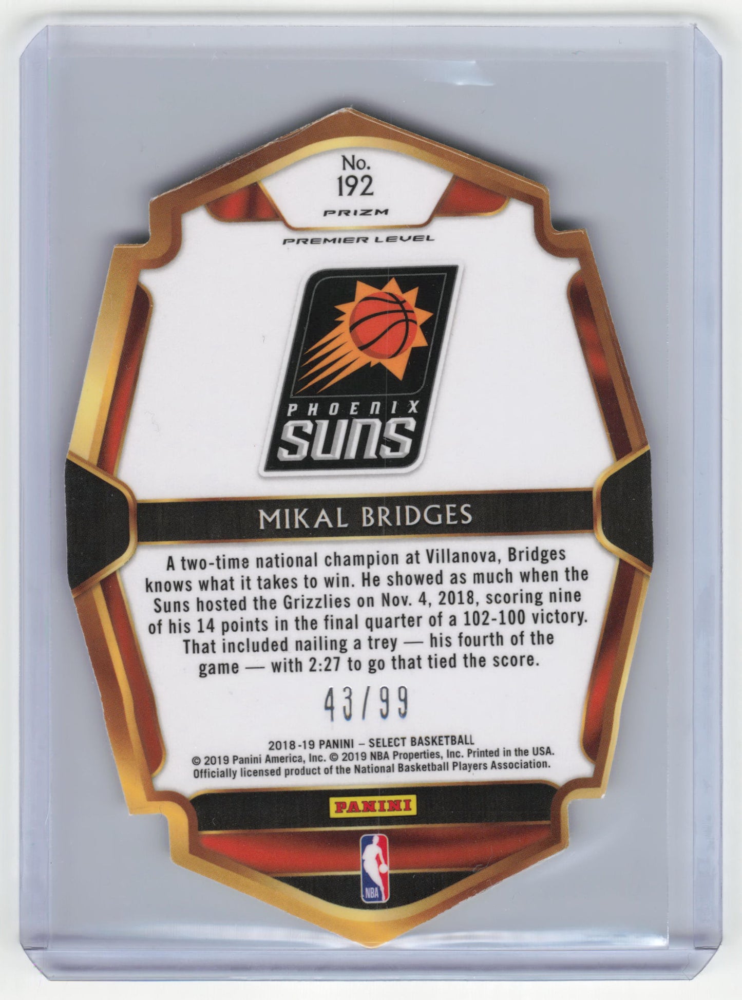 2018-19 Panini Select Prizm Basketball Mikal Bridges RC 43/99 Premier Level #192