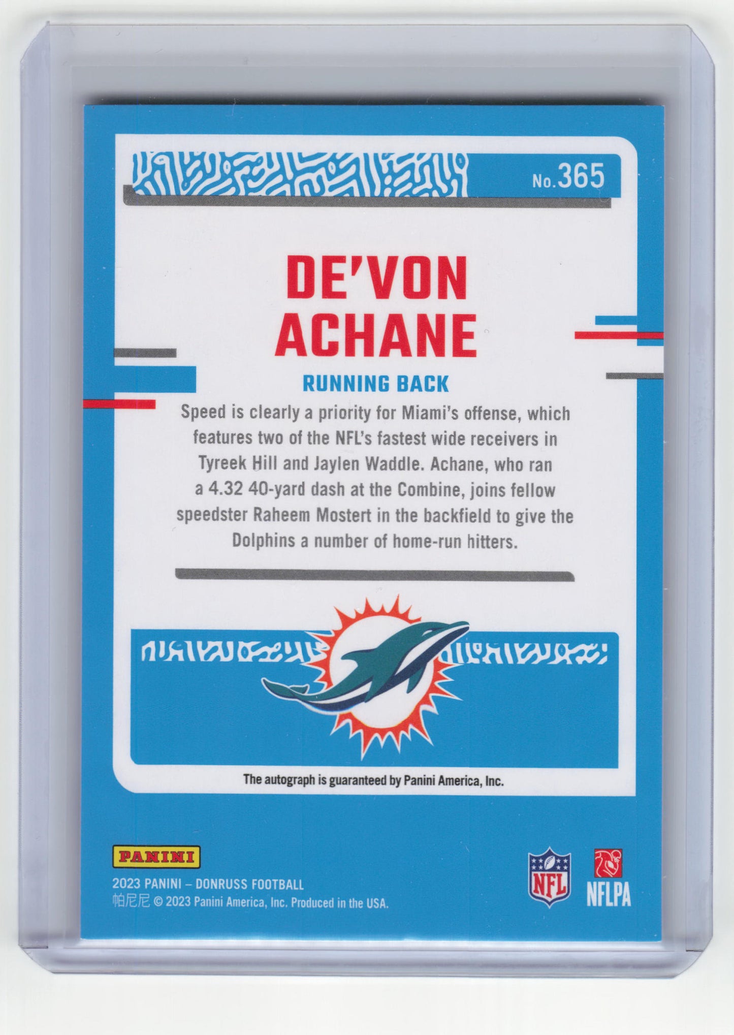 2023 Panini Donruss Rated Rookie Football De'Von Achane Autograph #365 NM