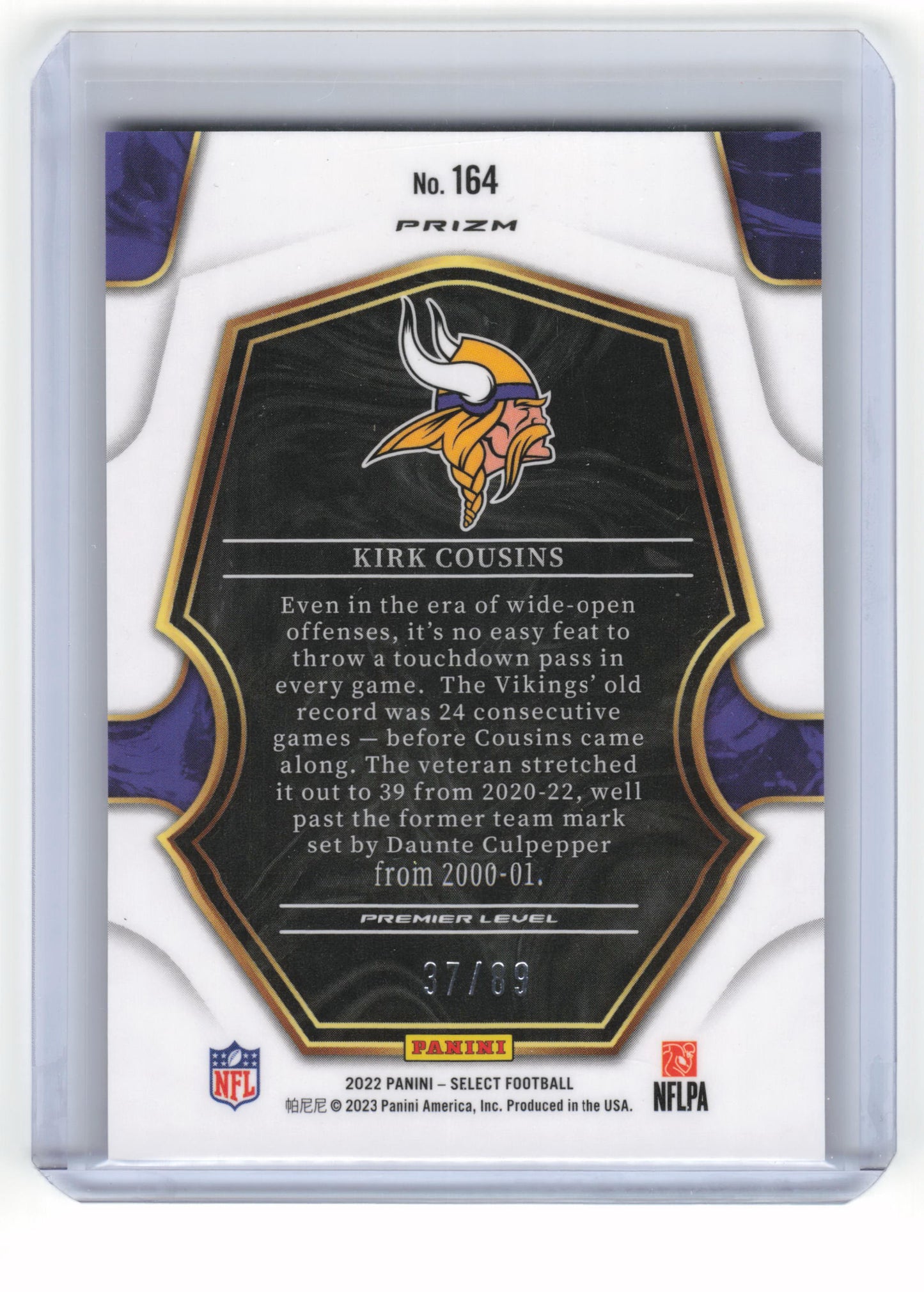 2023 Panini Select Prizm Football Kirk Cousins 37/89 Green Hyper #164 Near Mint