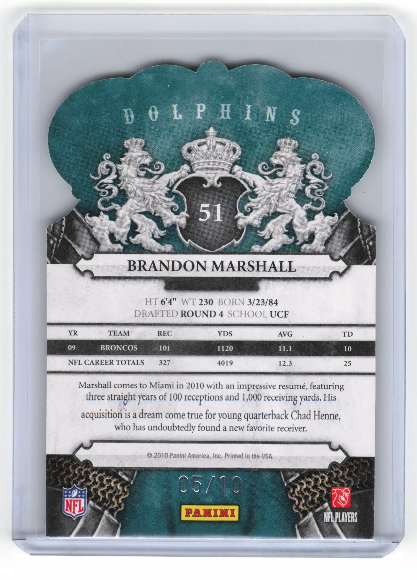 2010 Panini Crown Royale Football Brandon Marshall Green #51 Near Mint