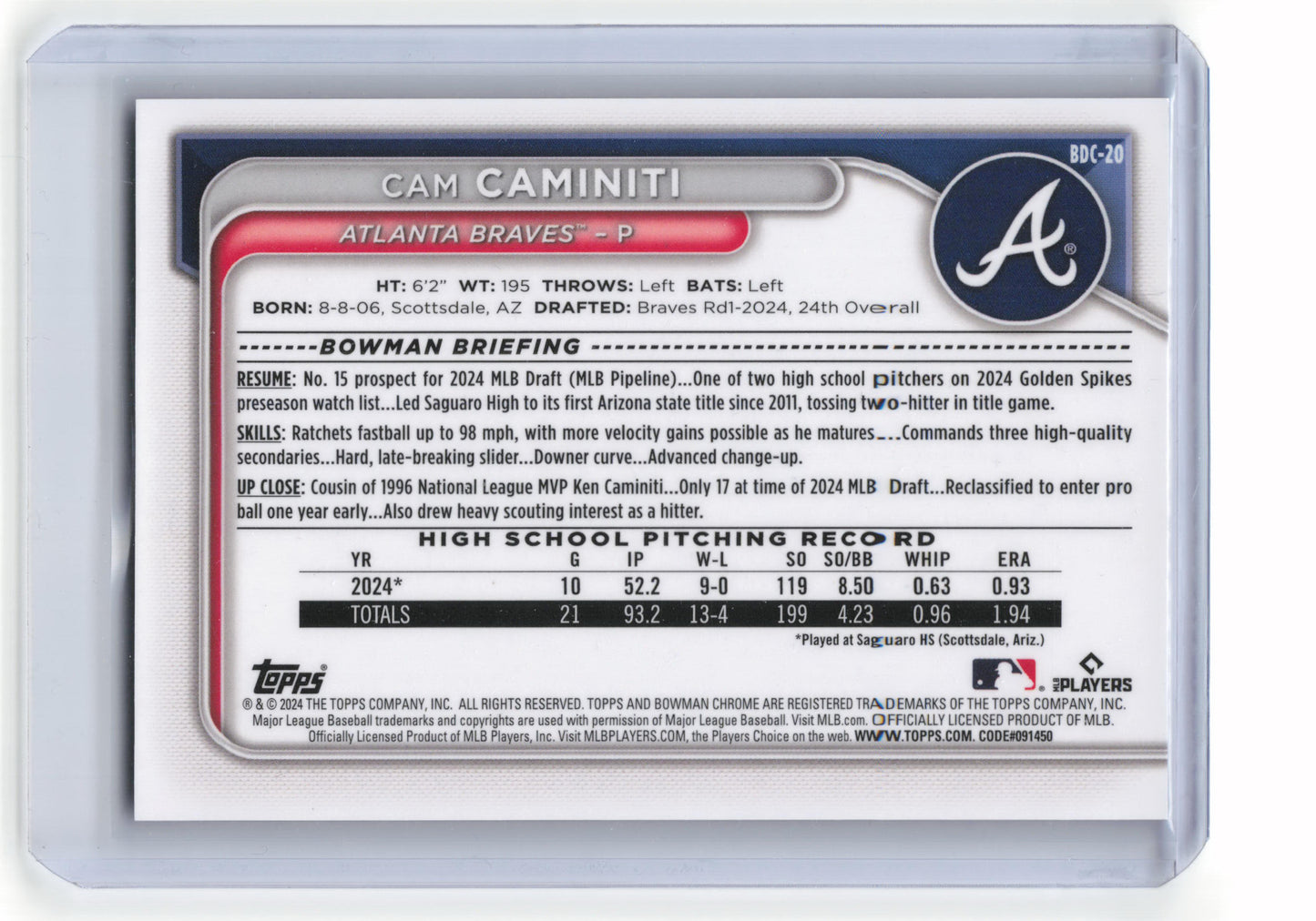 2024 Topps Bowman Draft Chrome Cam Caminiti 04/10 Black Sapphire #BDC-20 NM