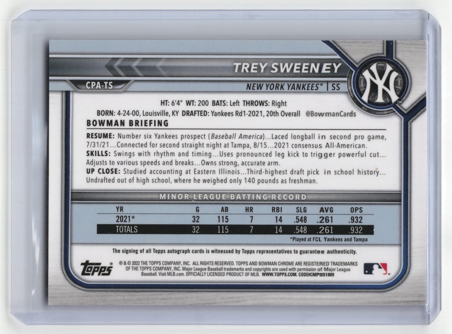 2022 Bowman Chrome Prospect Auto Trey Sweeney 149/250 Purple Refractor #CPA-TS