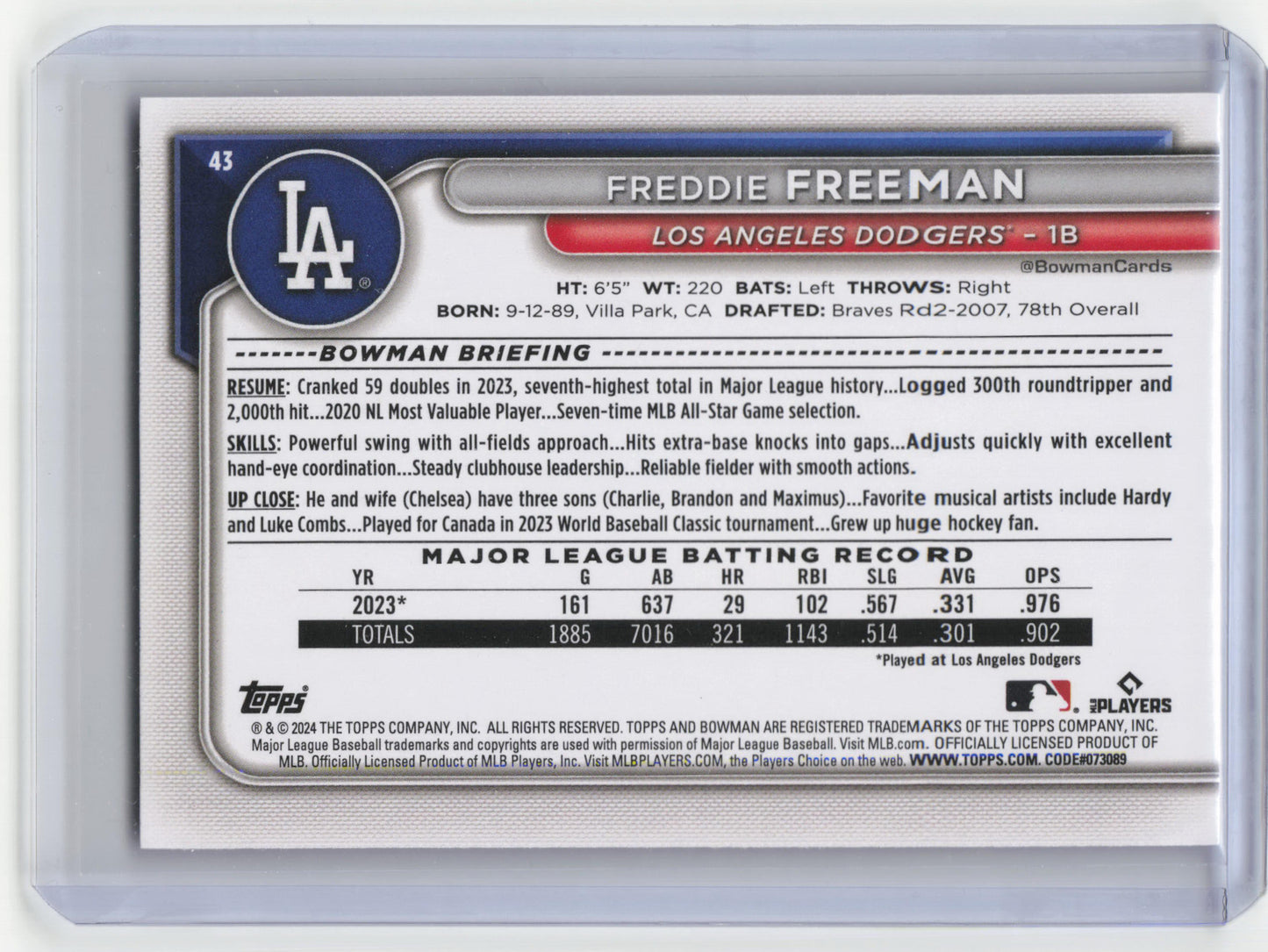 Topps 2024 Bowman Baseball Freddie Freeman 250/250 Purple #43 Near Mint
