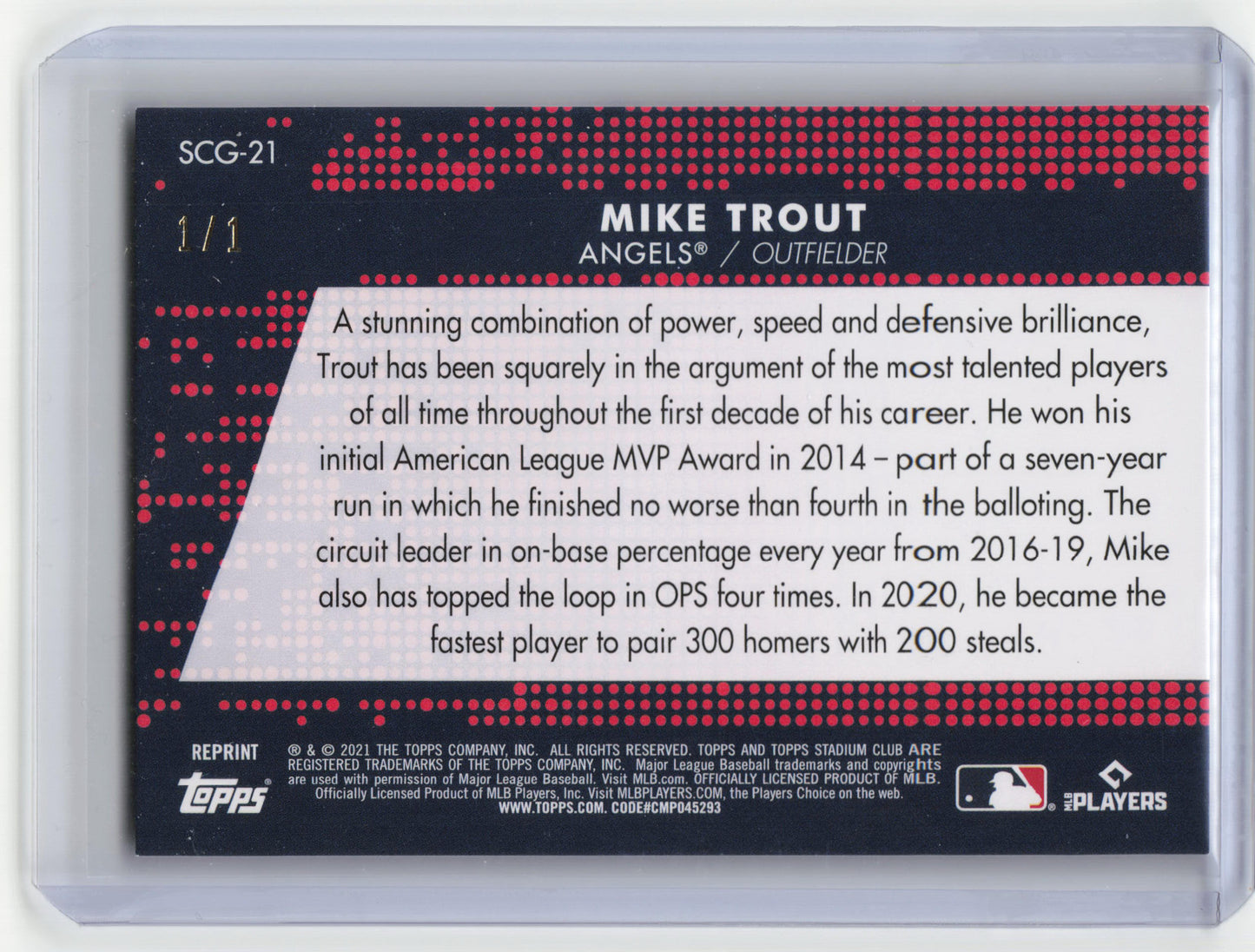 2021 Topps Stadium Club Greats Baseball Mike Trout 1/1 Gold #SCG-21 Near Mint
