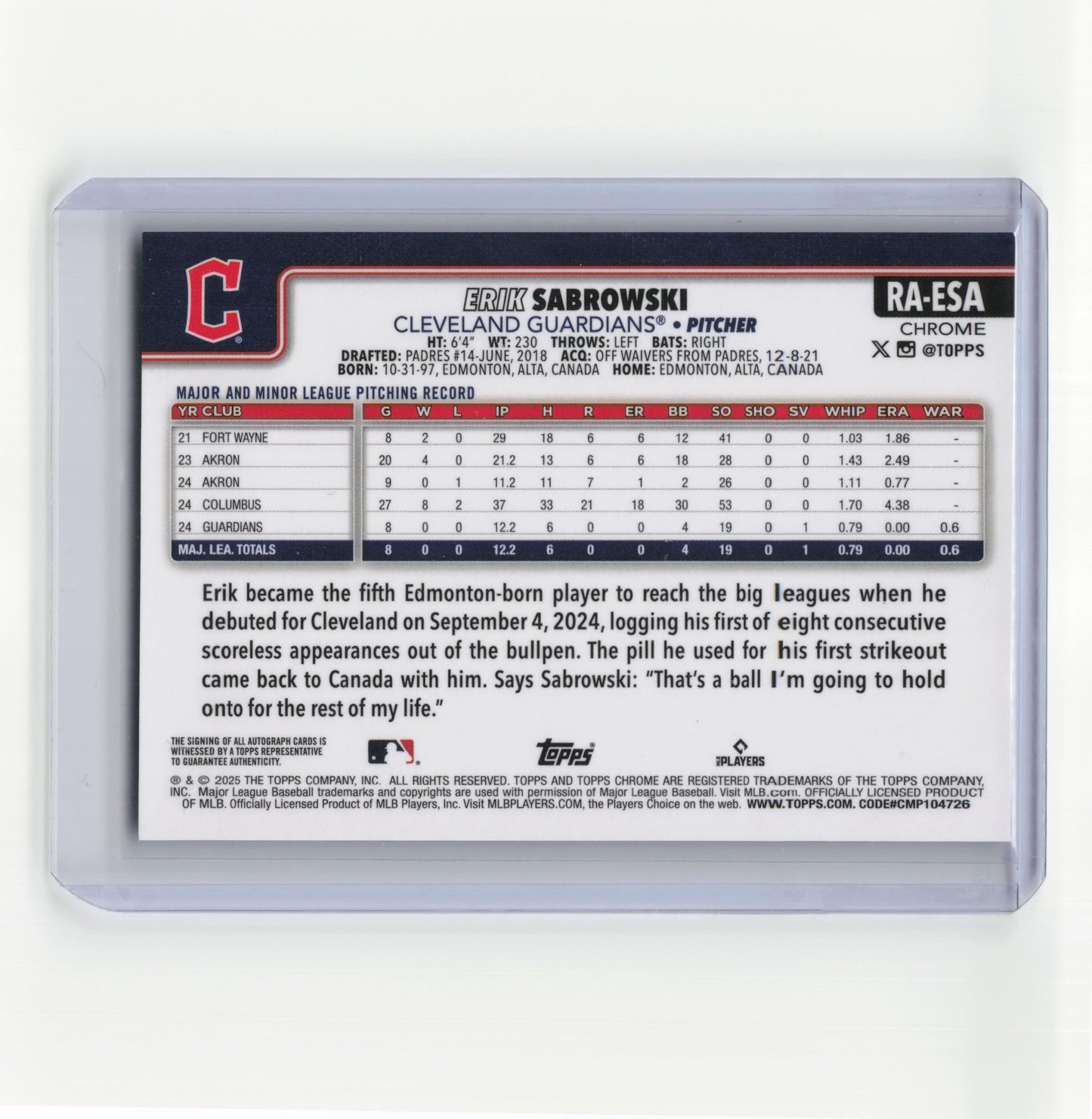 2025 Topps Chrome Baseball Erik Sabrowski RC #RA-ESA Near Mint