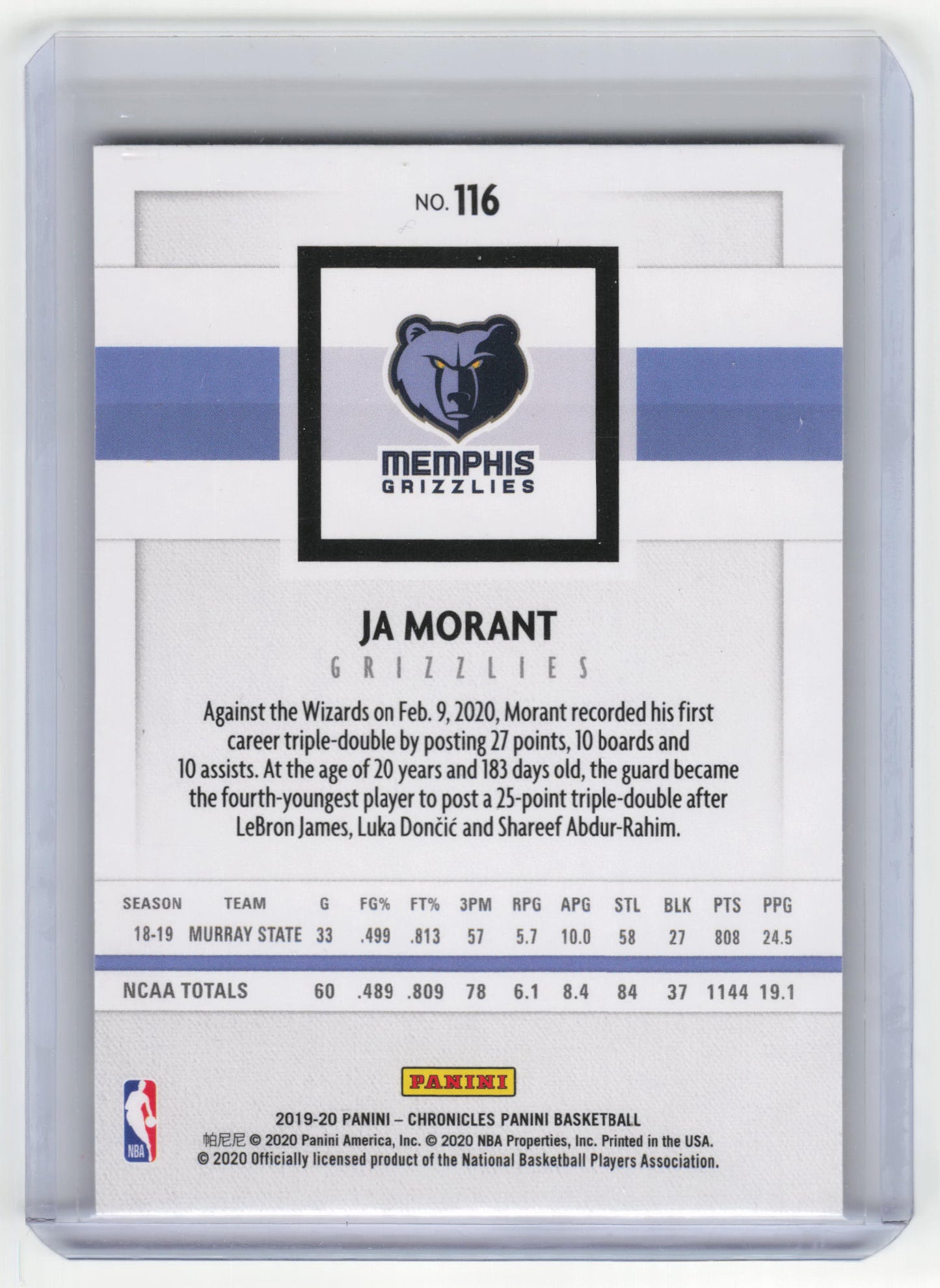 2020 2019-20 Panini Chronicles Panini Basketball Ja Morant RC #116 Near Mint
