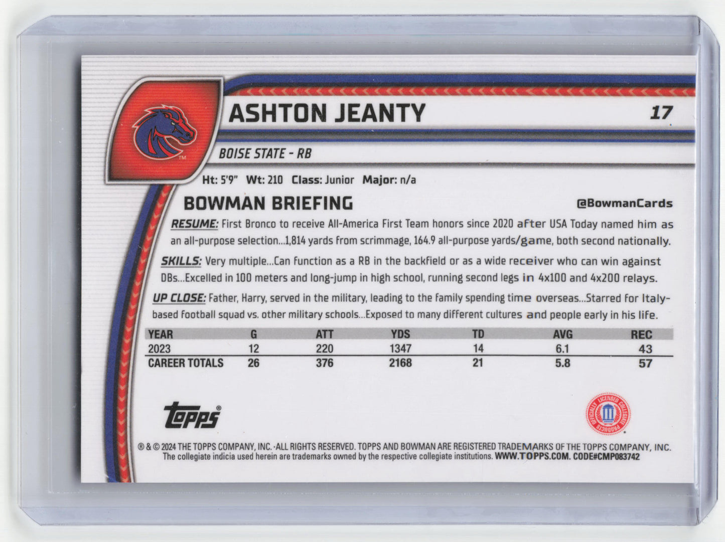 2024 Bowman Chrome University Ashton Jeanty 083/125 Fuchsia Mini Diamond Ref #17