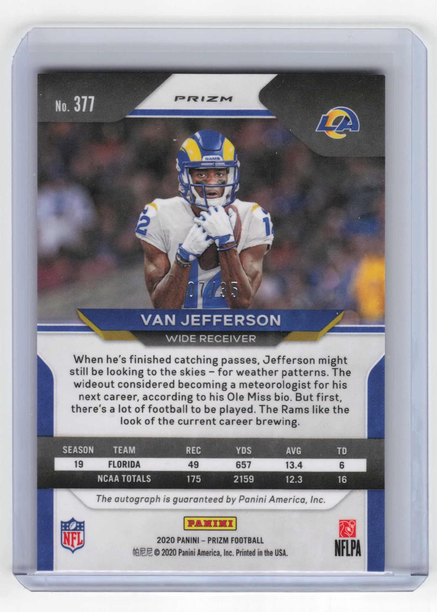 2020 Panini Prizm Football Van Jefferson 07/35 RC Red Shimmer #377 Near Mint