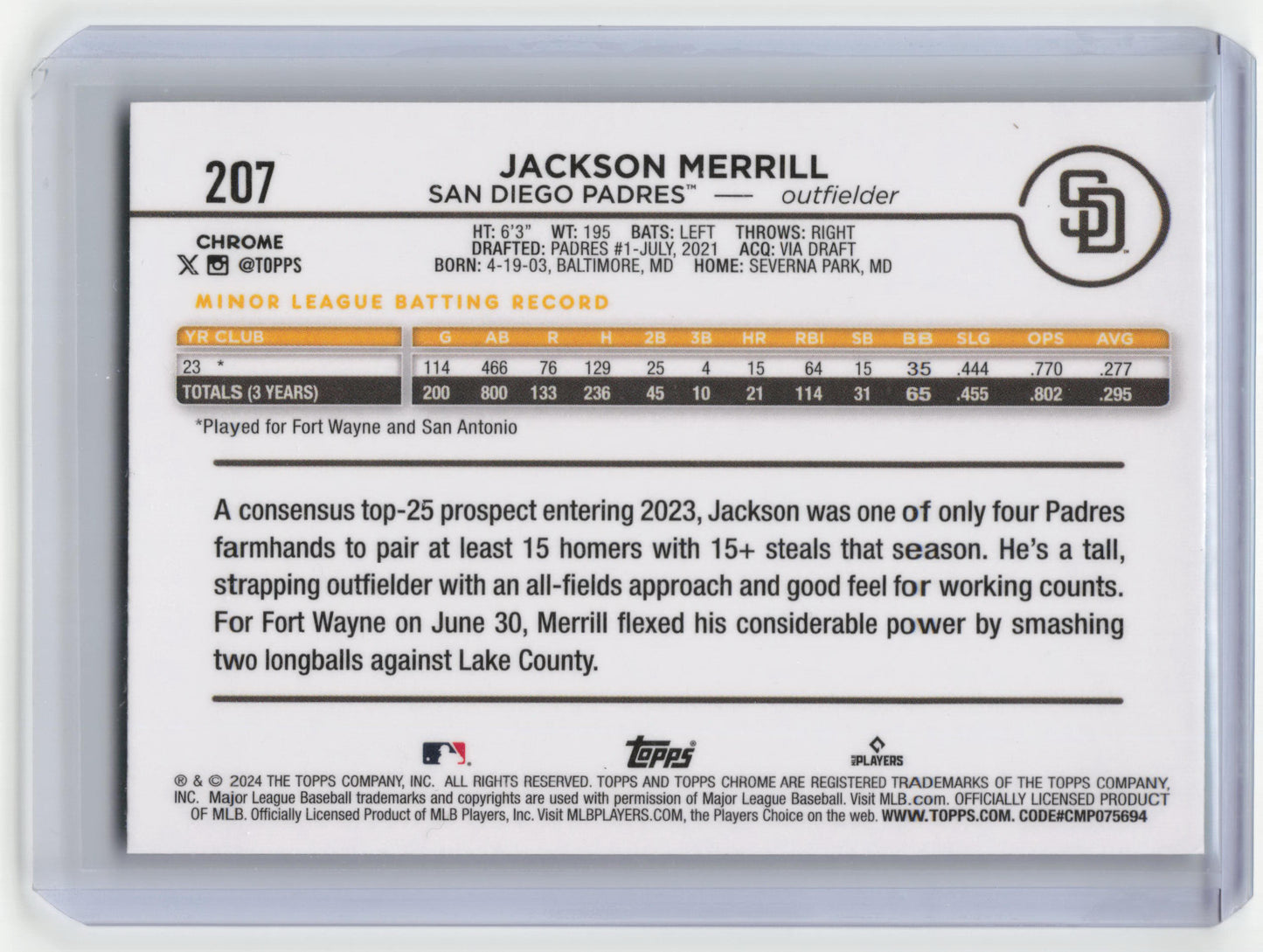 2024 Topps Chrome Baseball Jackson Merrill 50/99 RC Sonar Green Refractor #207