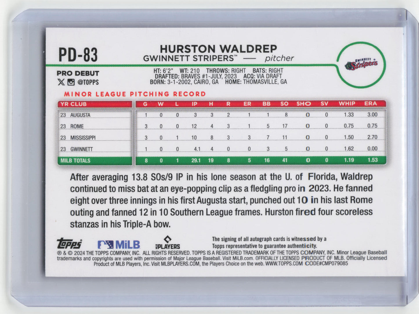 2024 Topps Pro Debut Baseball Hurston Waldrep #PD-83 Near Mint