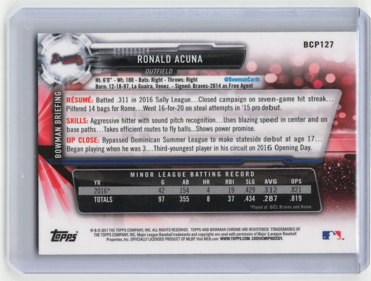 Topps 2017 Bowman Chrome Prospects Baseball Ronald Acuna #BCP127 Near Mint