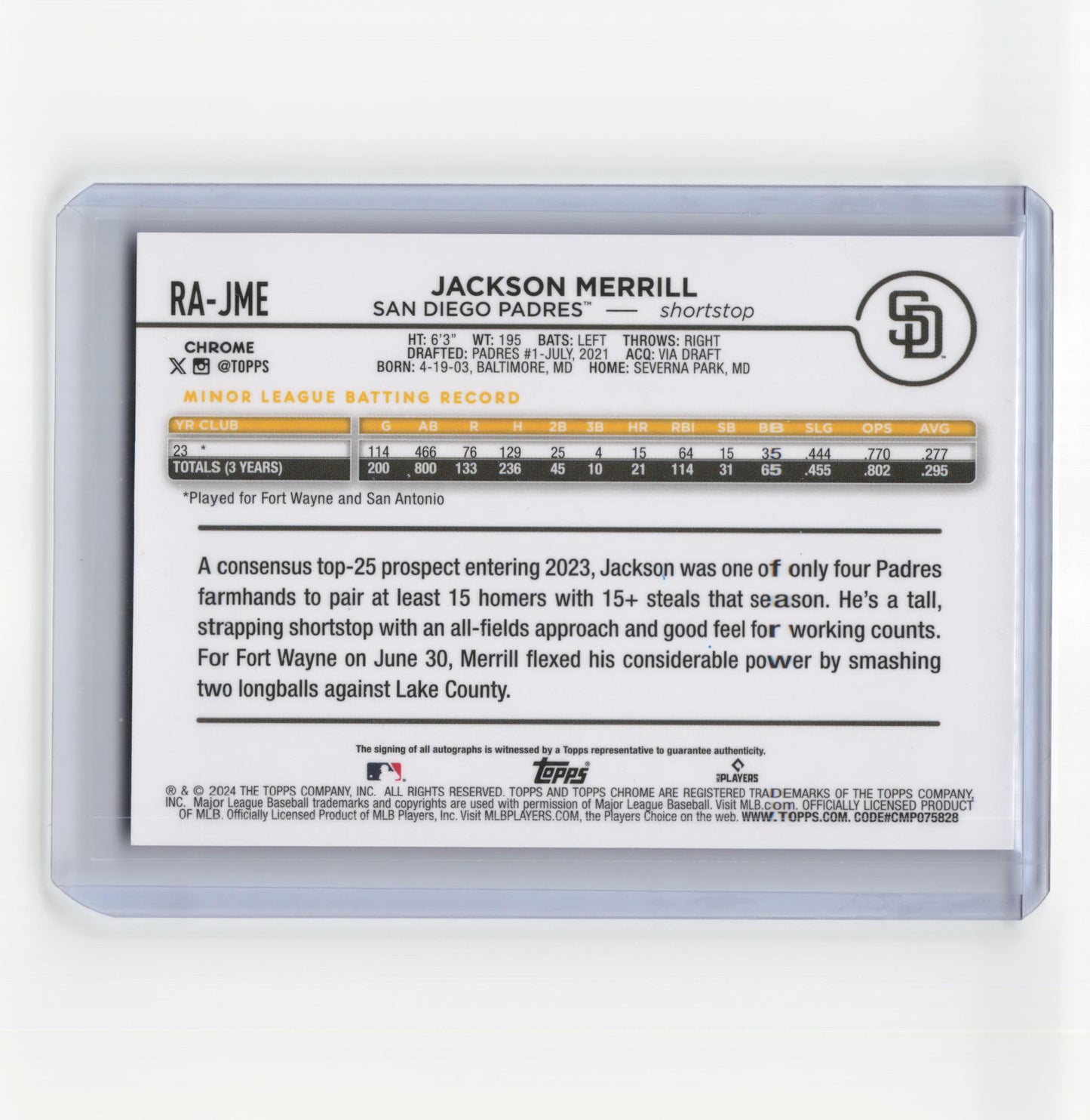 2024 Topps Chrome Jackson Merrill Auto 088/299 RC Purple Speckle Ref #RA-JME NM