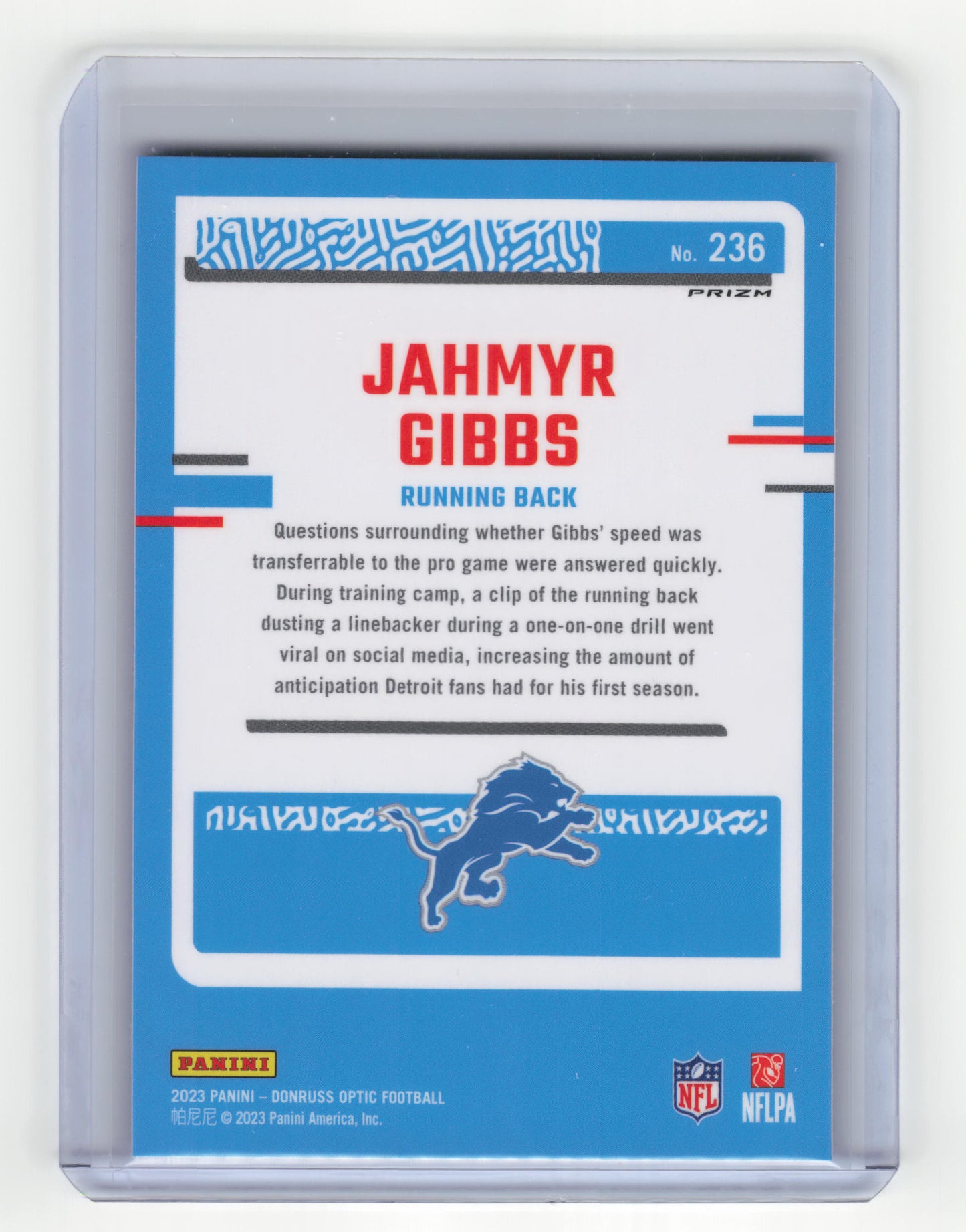 2023 Panini Donruss Optic Football Jahmyr Gibbs Blue Hyper #236 Near Mint