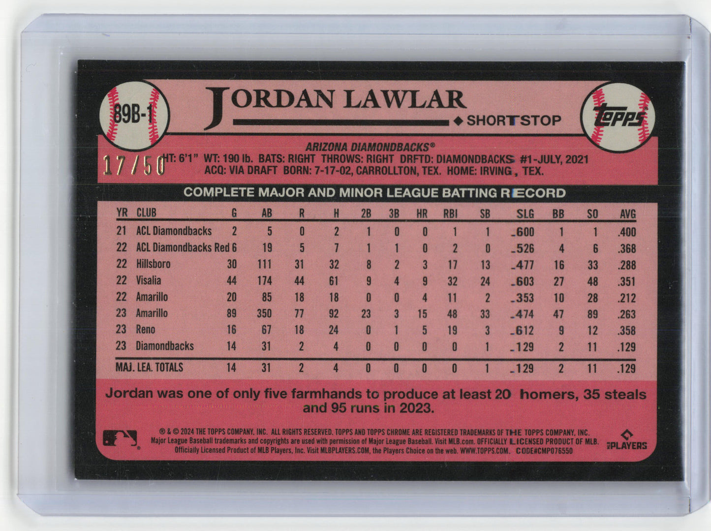 2024 Topps Series 2 1989 Topps Baseball Jordan Lawlar RC 17/50 Gold Foil #89B-1