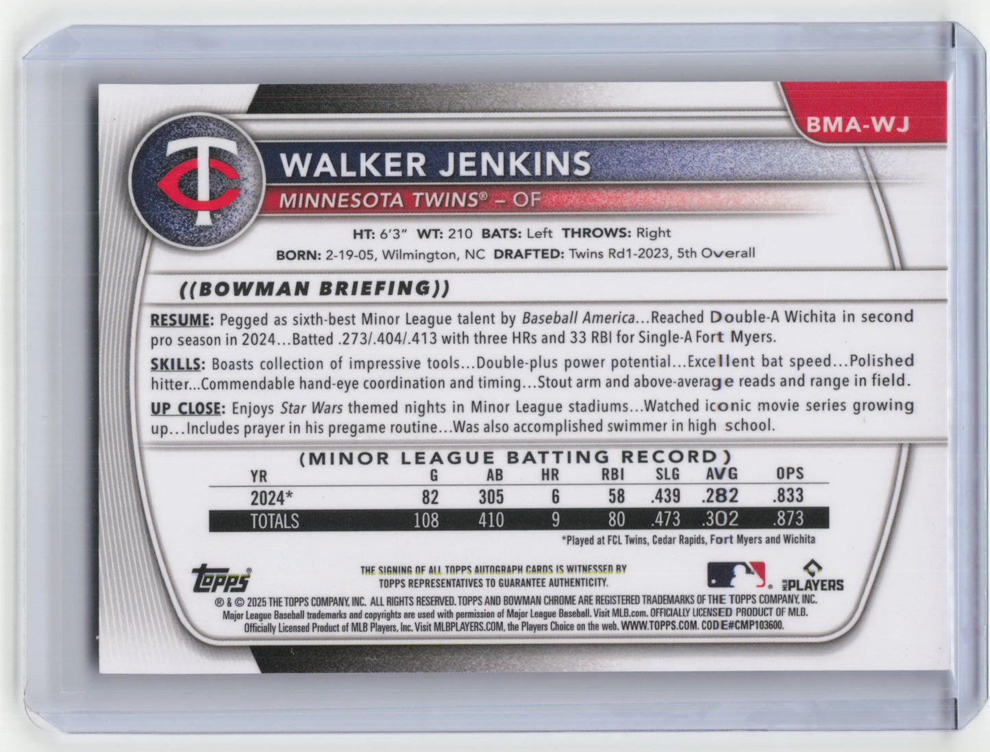 2025 Topps Bowman Chrome Mega Box Baseball Walker Jenkins Auto Mojo #BMA-WJ NM
