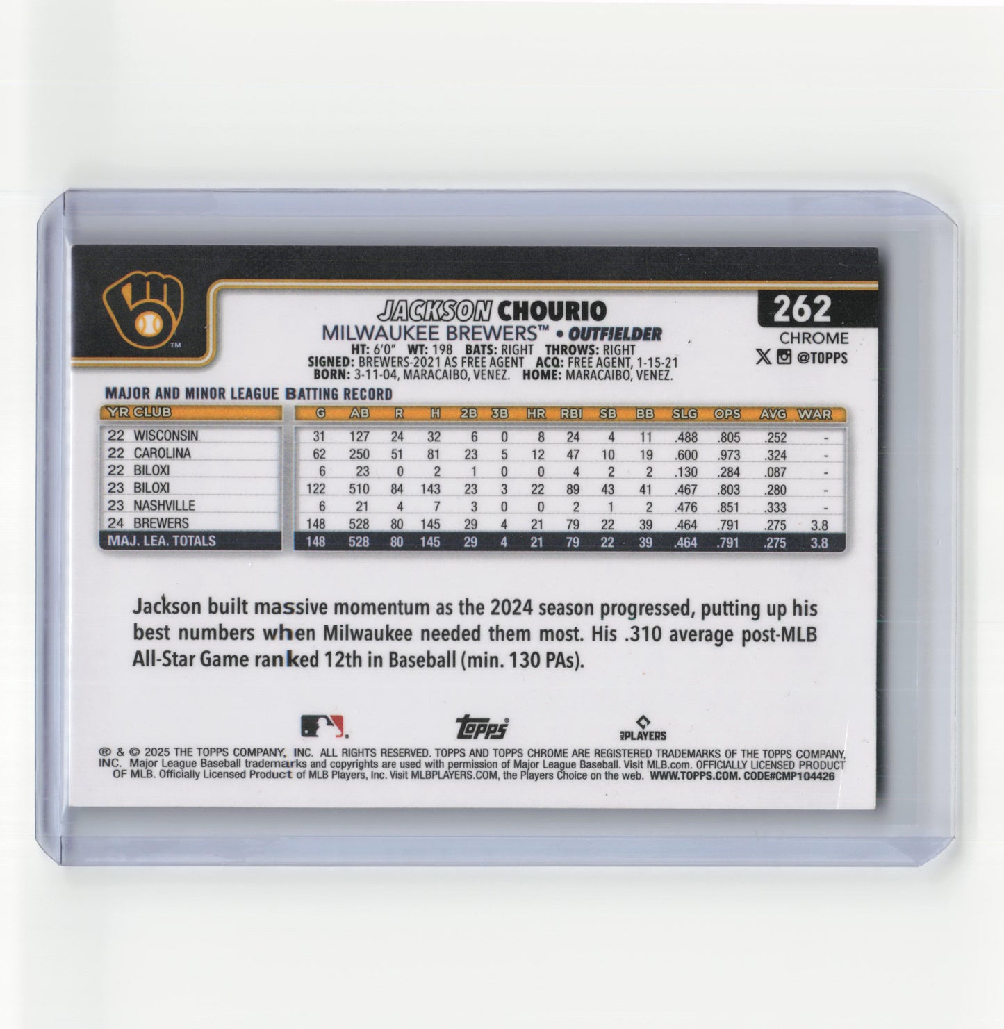 2025 Topps Chrome Baseball Jackson Chourio 14/99 Green Lava #262 Near Mint