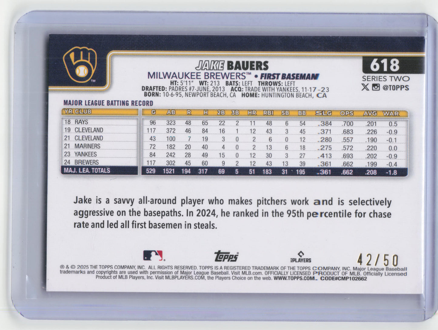 2025 Topps Series 2 Baseball Jake Bauers 42/50 Holiday Beach Ball #618 Near Mint