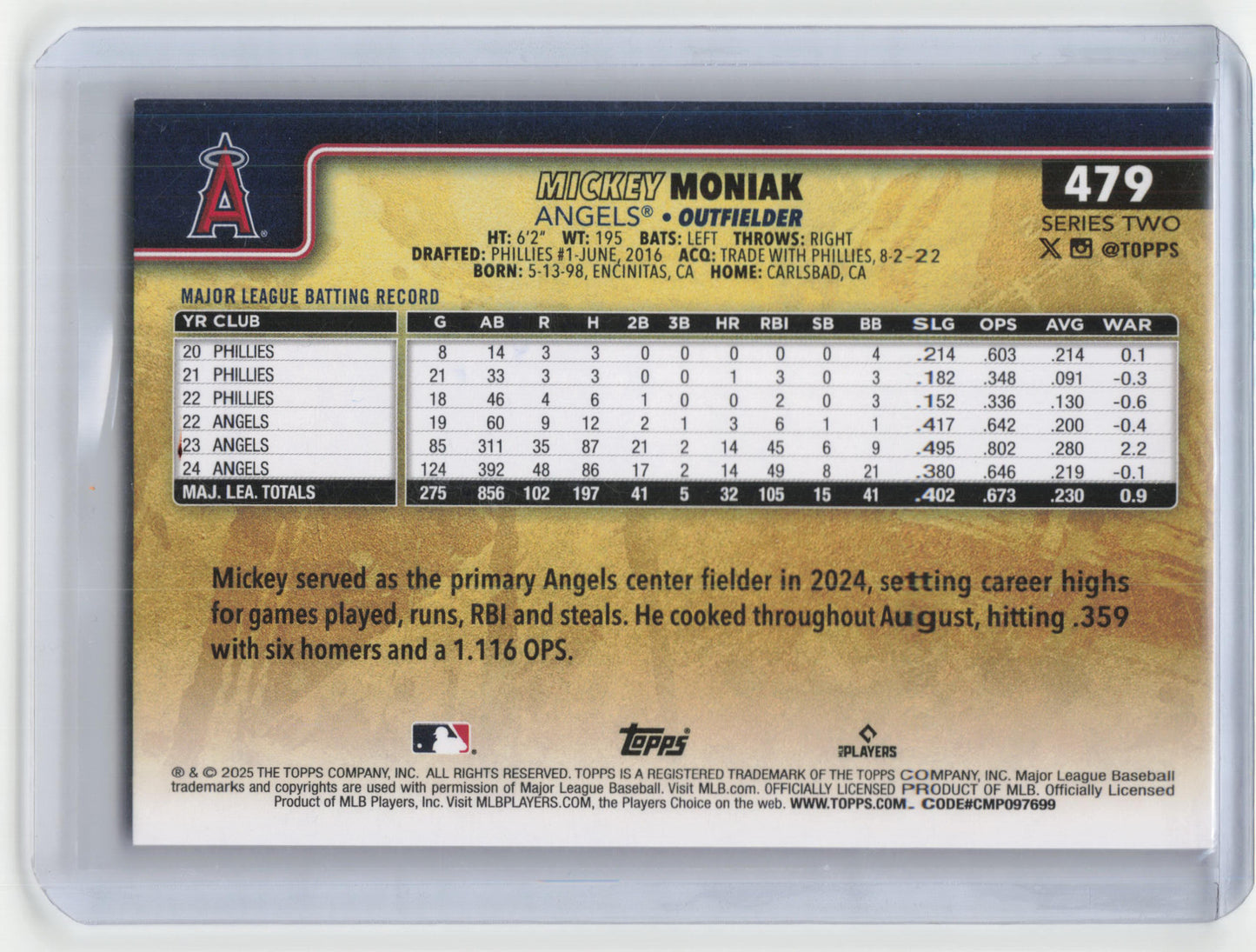2025 Topps Series 2 Baseball Mickey Moniak Golden Mirror Variation #479 NM