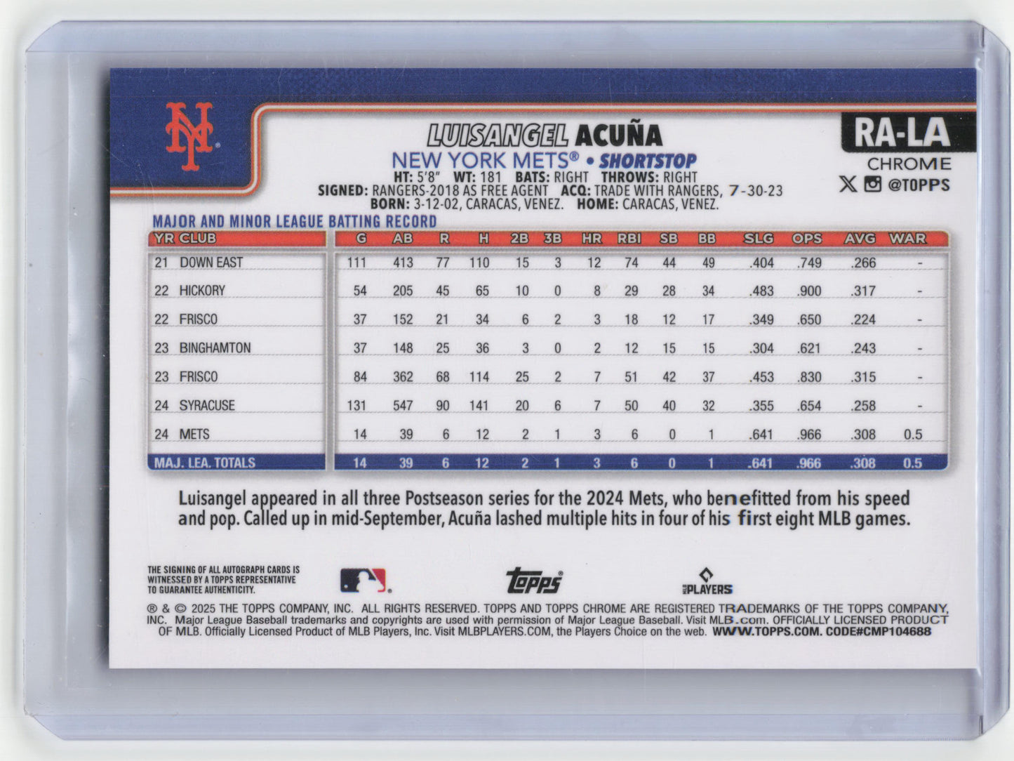 2025 Topps Chrome Baseball Luisangel Acuña Autograph 007/150 RC Blue #RA-LA NM