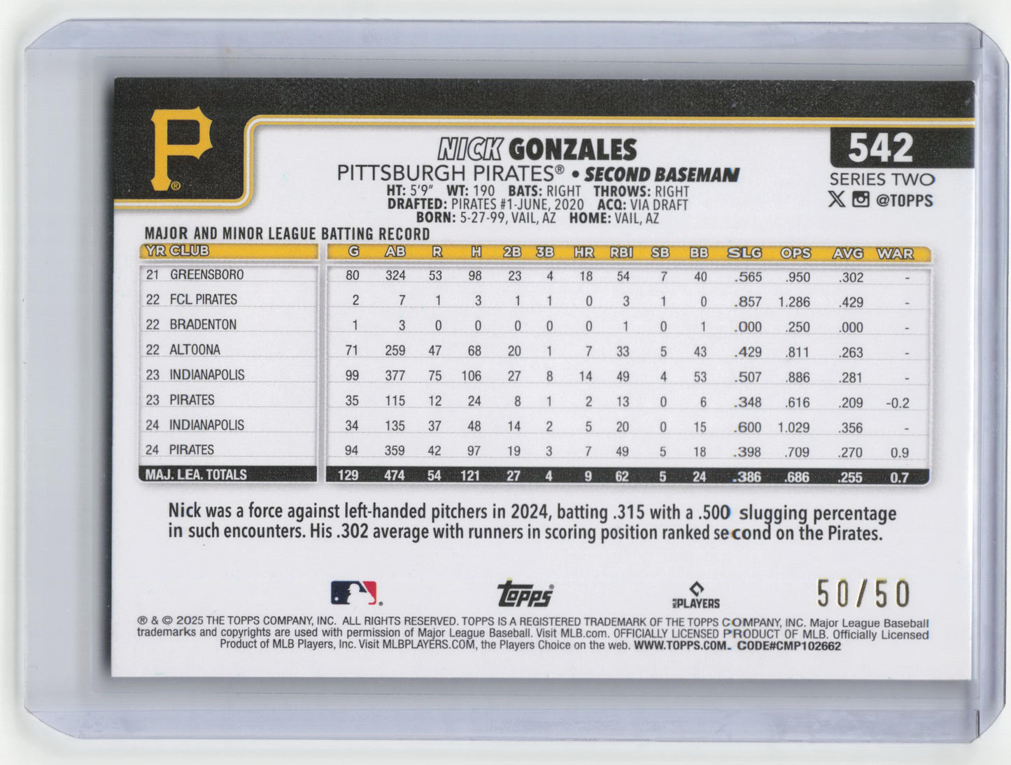2025 Topps Series 2 Baseball Nick Gonzales 50/50 Gold Sandglitter #542 Near Mint