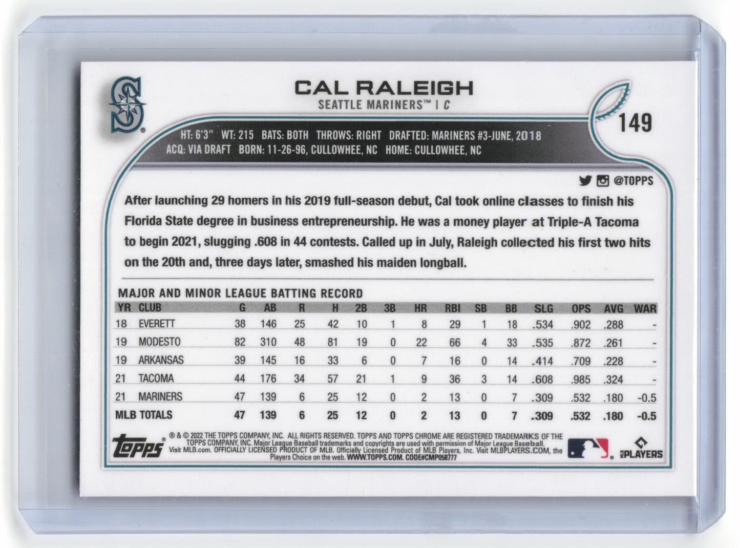 2022 Topps Chrome Baseball Cal Raleigh RC Black Refractor #149 Near Mint