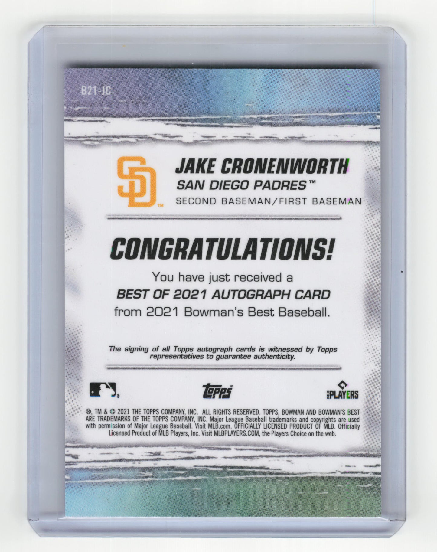 Topps 2021 Bowman's Best Baseball Jake Cronenworth Auto RC #B21-JC Near Mint