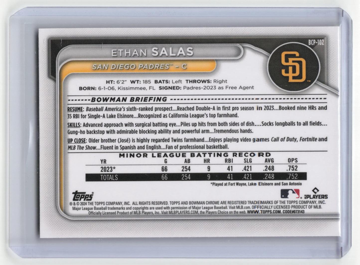 Topps 2024 Bowman Chrome Baseball Ethan Salas 31/50 Gold #BCP-102 Near Mint