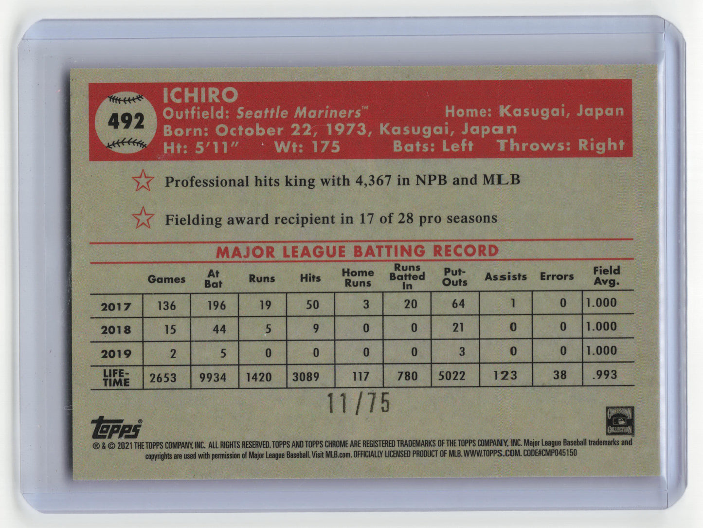 2021 Topps Chrome Platinum Anni. Ichiro Suzuki 11/75 Rose Gold Mini Diamond #492