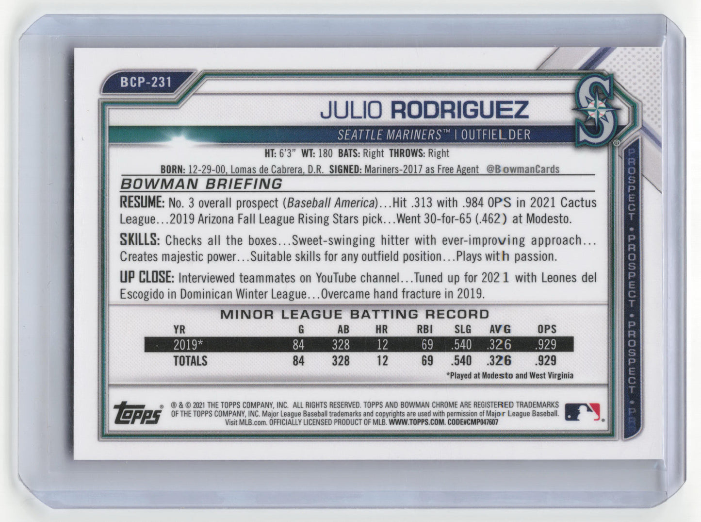 2021 Bowman Chrome Prospects Julio Rodriguez 029/199 Fuchsia Refractor #BCP-231