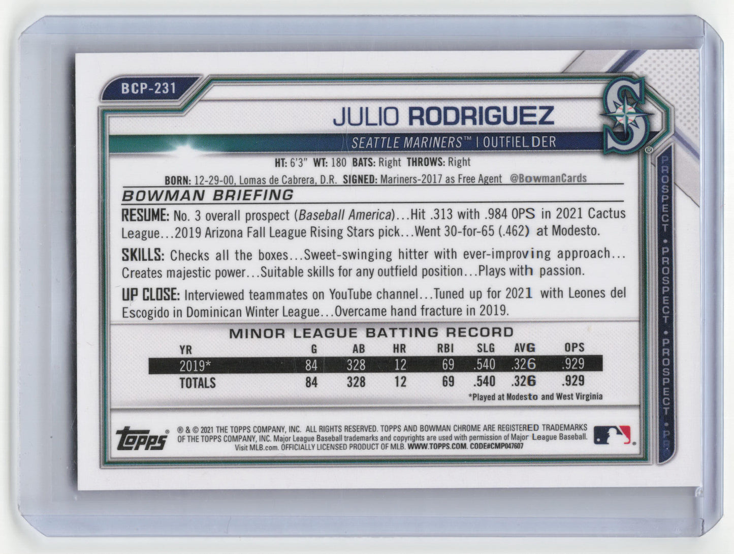 2021 Bowman Chrome Prospects Julio Rodriguez 138/250 Purple Shimmer #BCP-231 NM