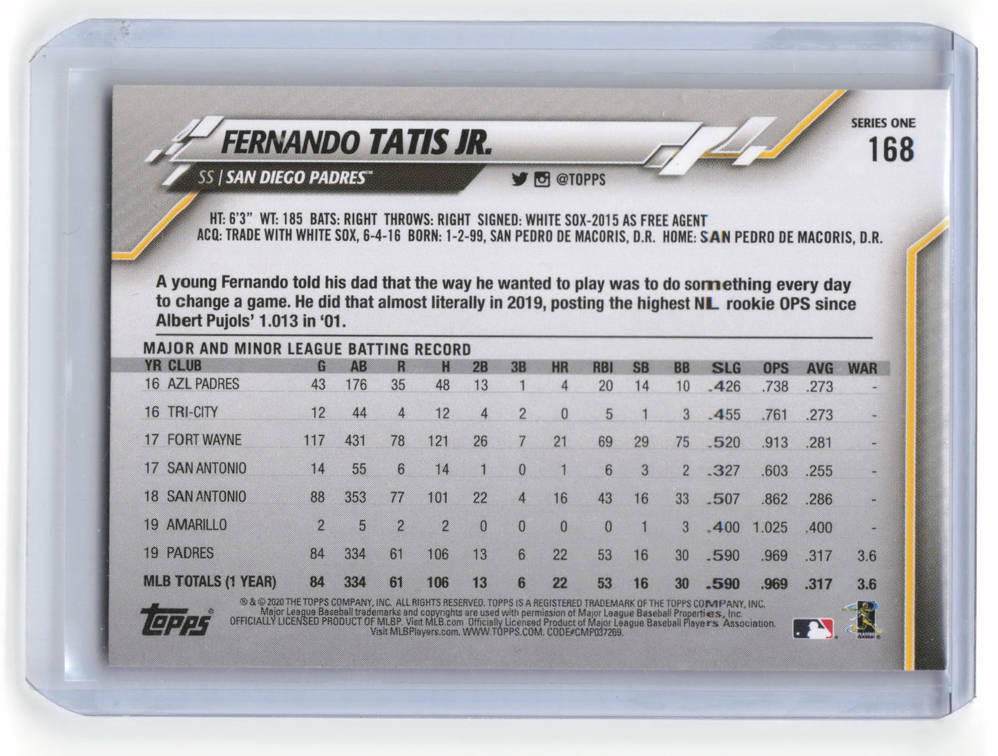 2020 Topps Series 1 Baseball Fernando Tatis Jr. Autograph #168 Near Mint