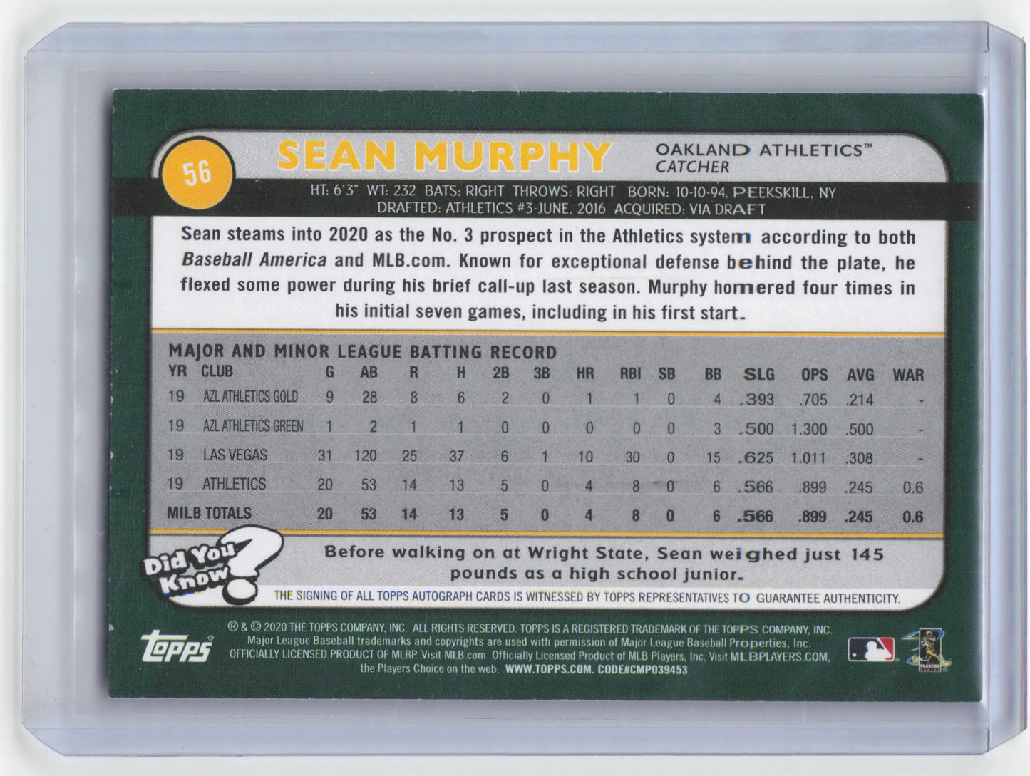2020 Topps Big League Baseball Sean Murphy Autograph RC Blue #56 Near Mint