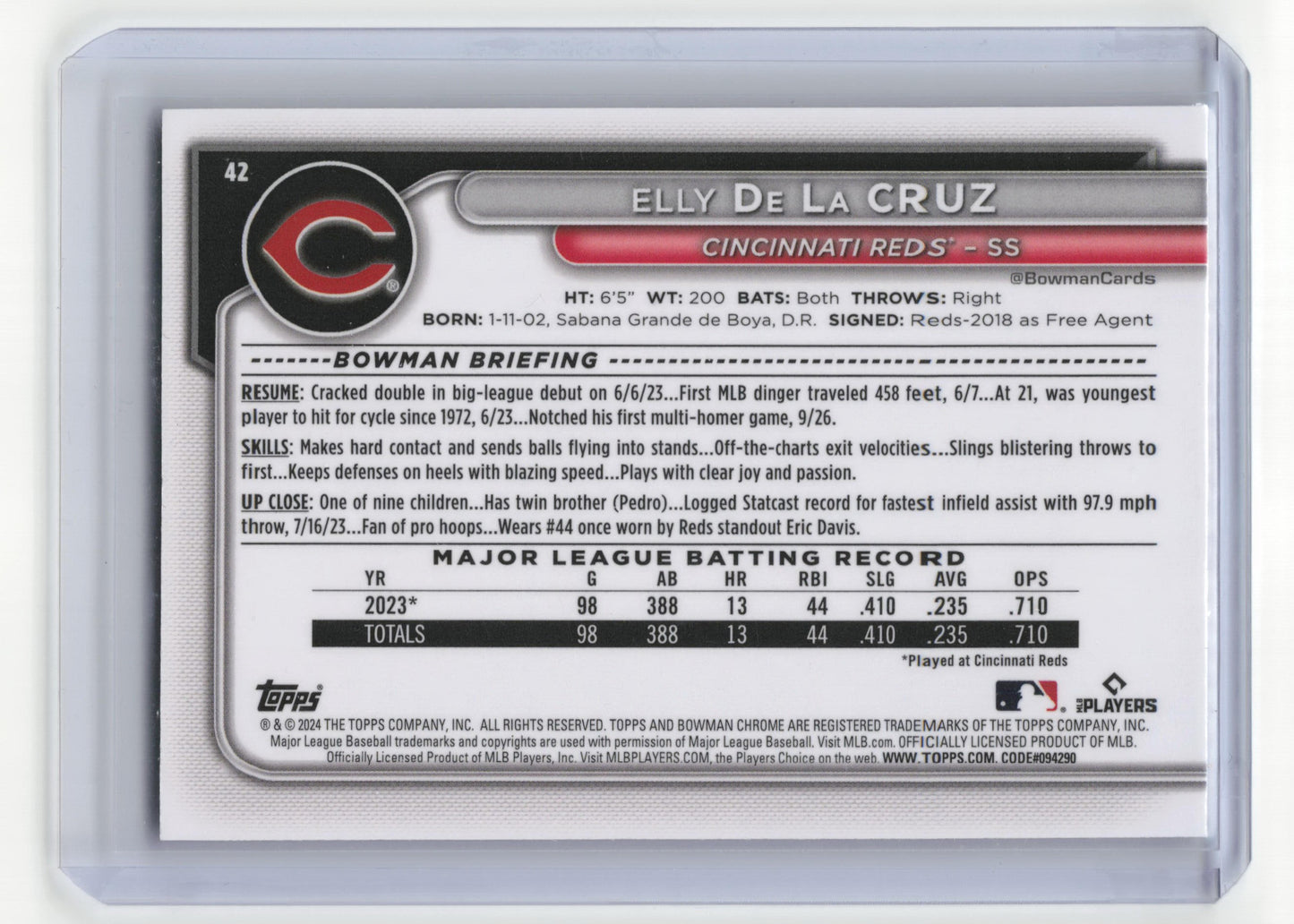 Topps 2024 Bowman Chrome Baseball Elly De La Cruz RC Mojo #42 Near Mint