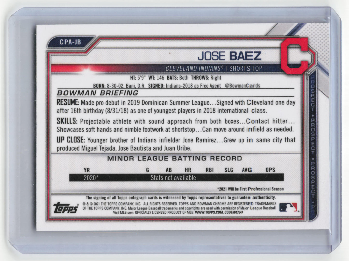 2021 Topps Bowman Chrome Jose Baez Auto 22/99 Green Atomic #CPA-JB Near Mint