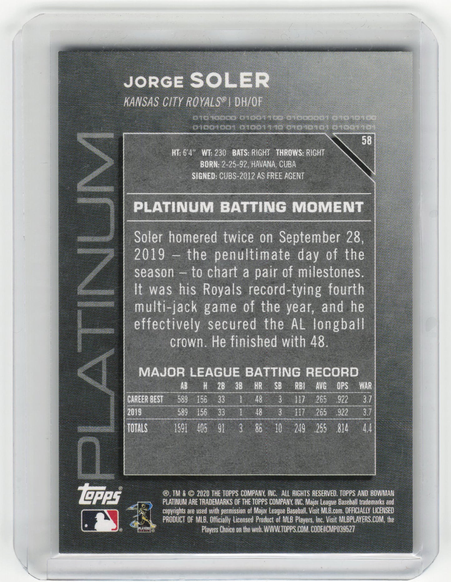 Topps 2020 Bowman Platinum Baseball Jorge Soler 25/25 Gold #58 Near Mint