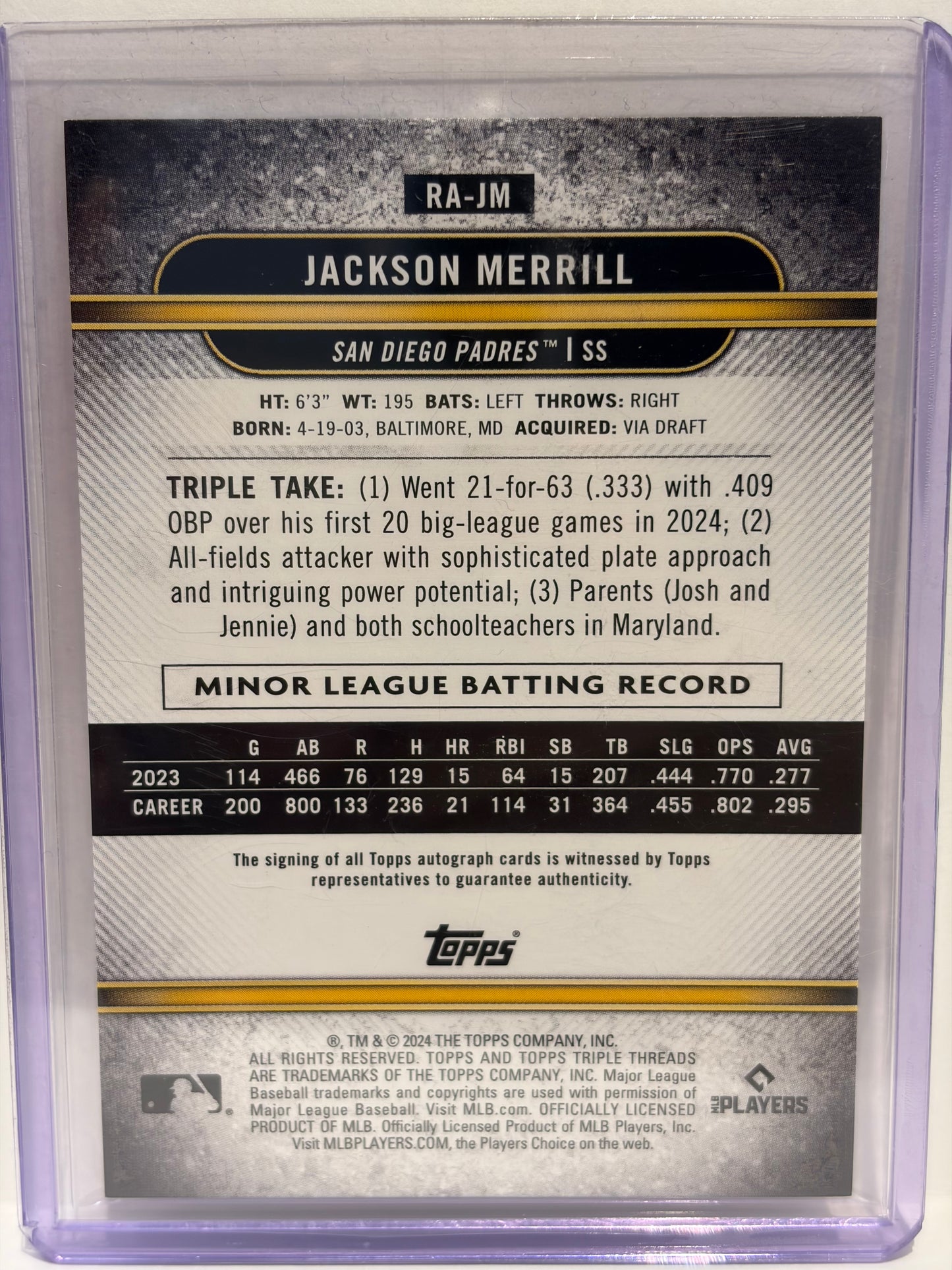 2024 Topps Tribute Rookie Autographs Jackson Merrill Auto RC 015/198 #RA-JM NM - Papa Joey's Collectibles