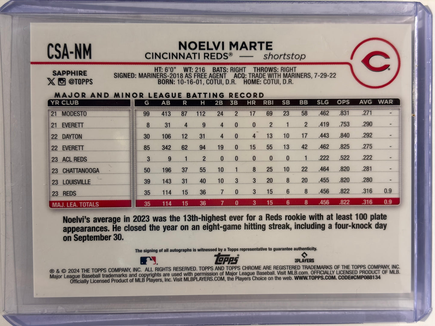2024 Topps Chrome Sapphire Edition Noelvi Marte Auto RC 03/10 Black #CSA-NM NM - Papa Joey's Collectibles
