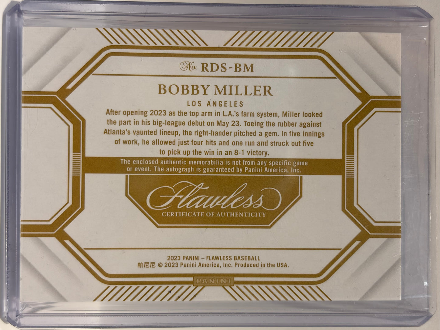 2023 Panini Flawless Baseball Bobby Miller RC Auto Patch 11/15 Blue #RDS-BM NM - Papa Joey's Collectibles