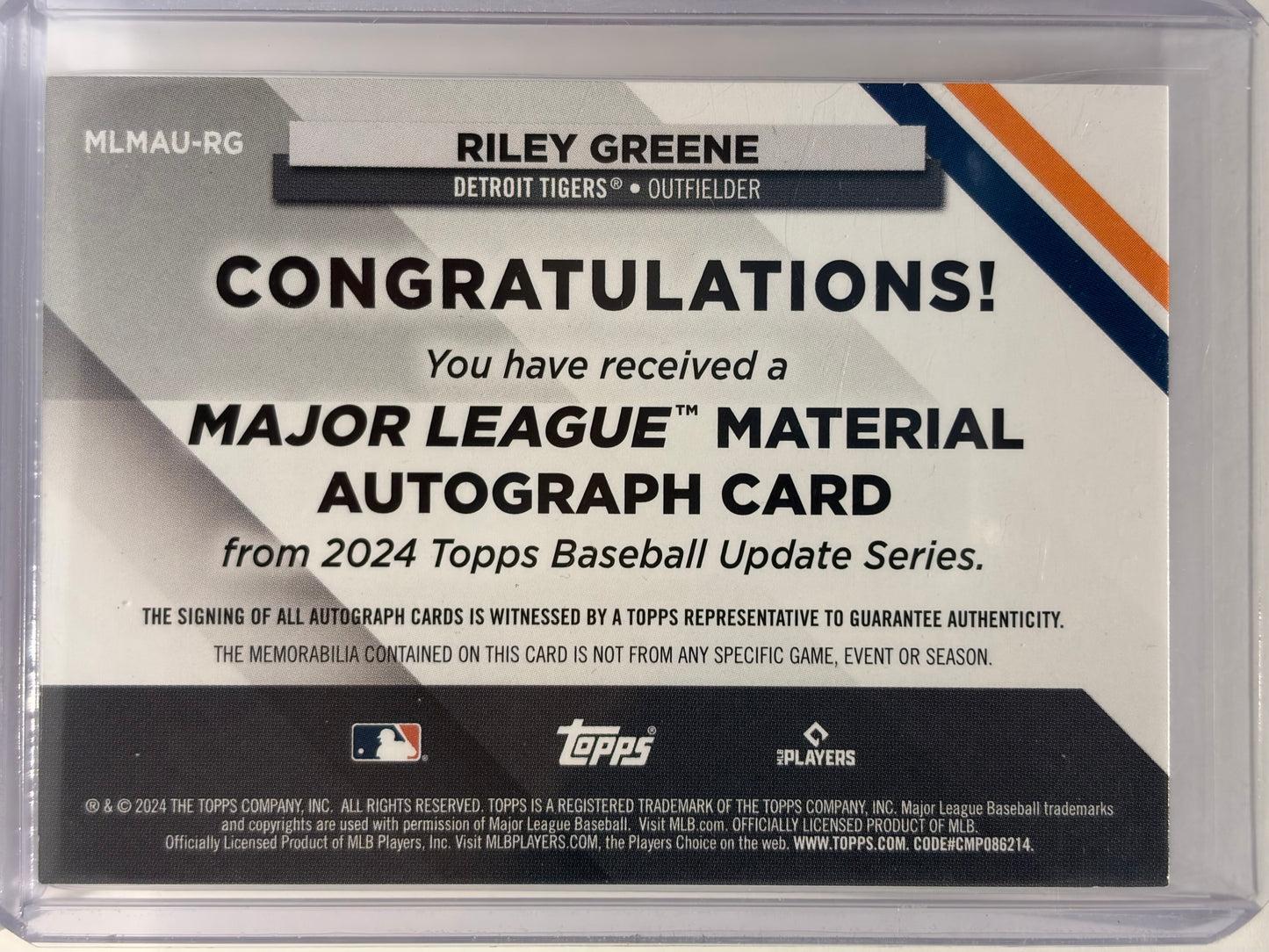 2024 Topps Baseball Update Series Riley Greene Auto Patch 23/25 #MLMAU-RG - Papa Joey's Collectibles