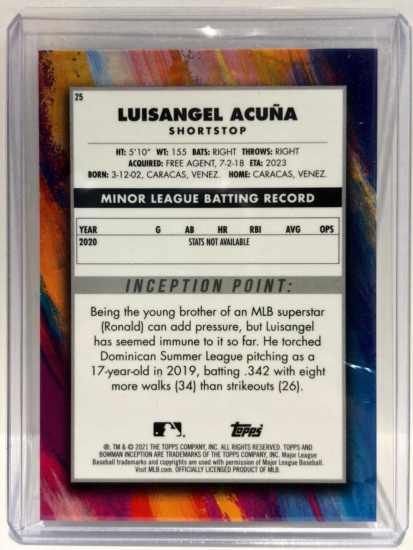 Topps 2021 Bowman Inception Baseball Luisangel Acuña 47/50 Gold #25 Near Mint - Papa Joey's Collectibles