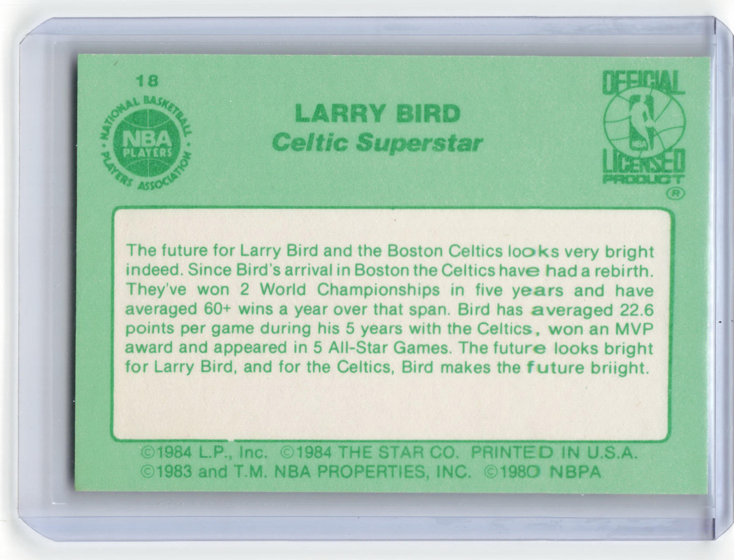 The Star Co. 1984 Star Basketball Larry Bird The Future #18 Near Mint - Papa Joey's Collectibles