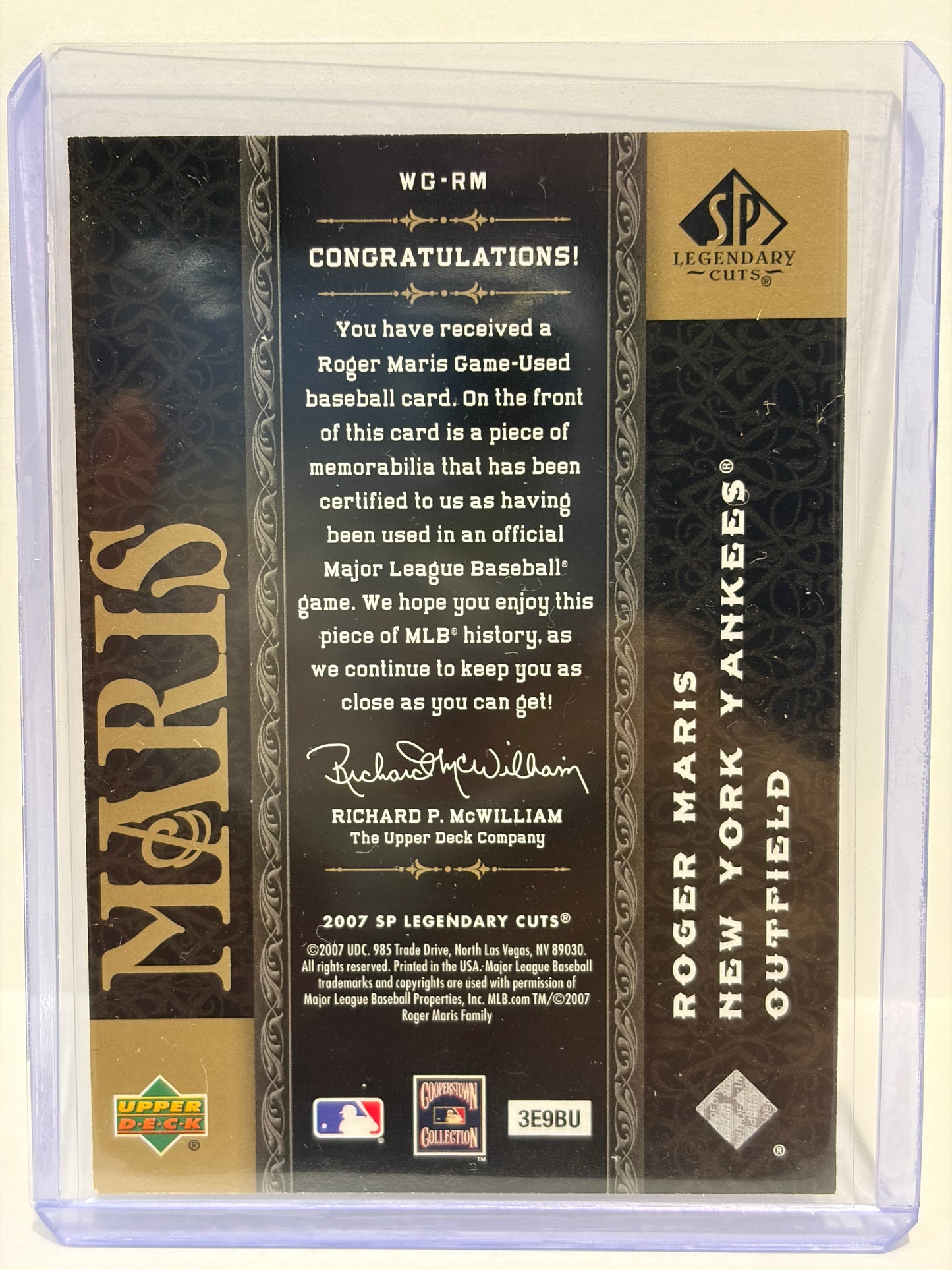 2007 Upper Deck SP Legendary Cuts Roger Maris Game-Used Patch #WG-RM Near Mint - Papa Joey's Collectibles