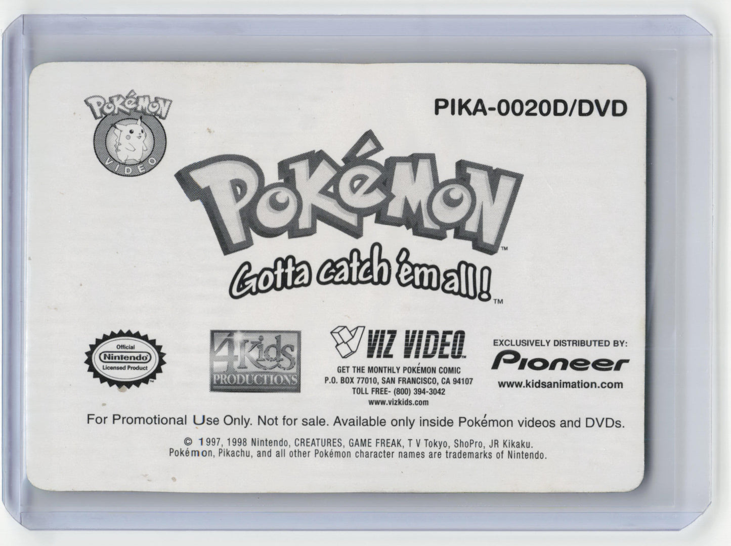 1998 Nintendo Pokémon DVD Promo Ash Ketchum Lenticular #PIKA-0020D/DVD