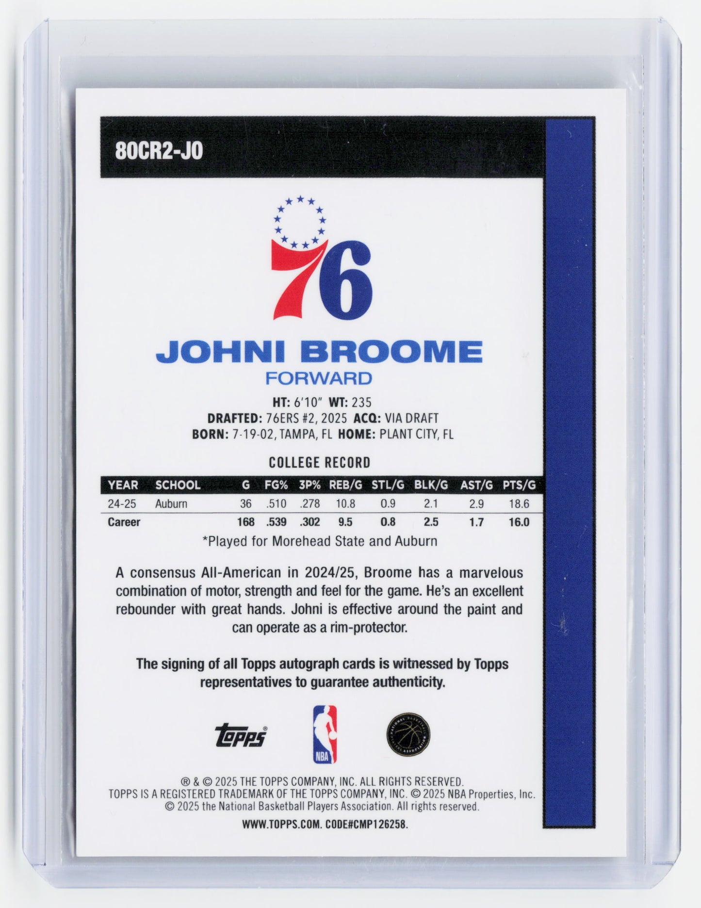 2025 Topps Chrome Basketball—Johni Broome #80CR2-JO Gold Mojo Refractor 05/50 RC