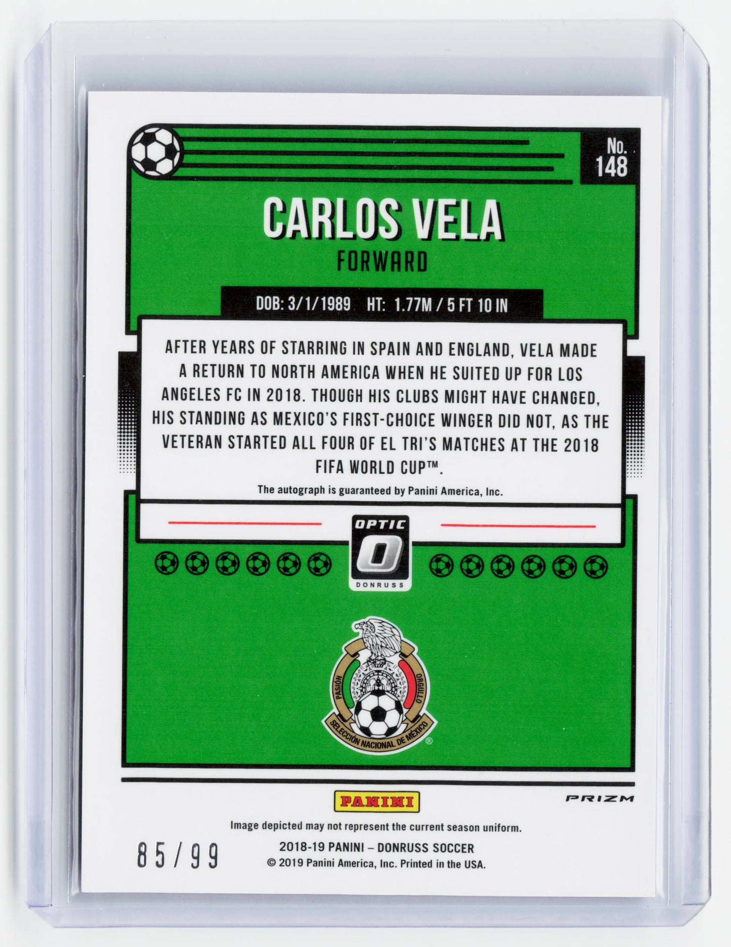 Panini 2019 Panini Donruss Optic Prizm Soccer—Carlos Vela #148 Blue 85/99—