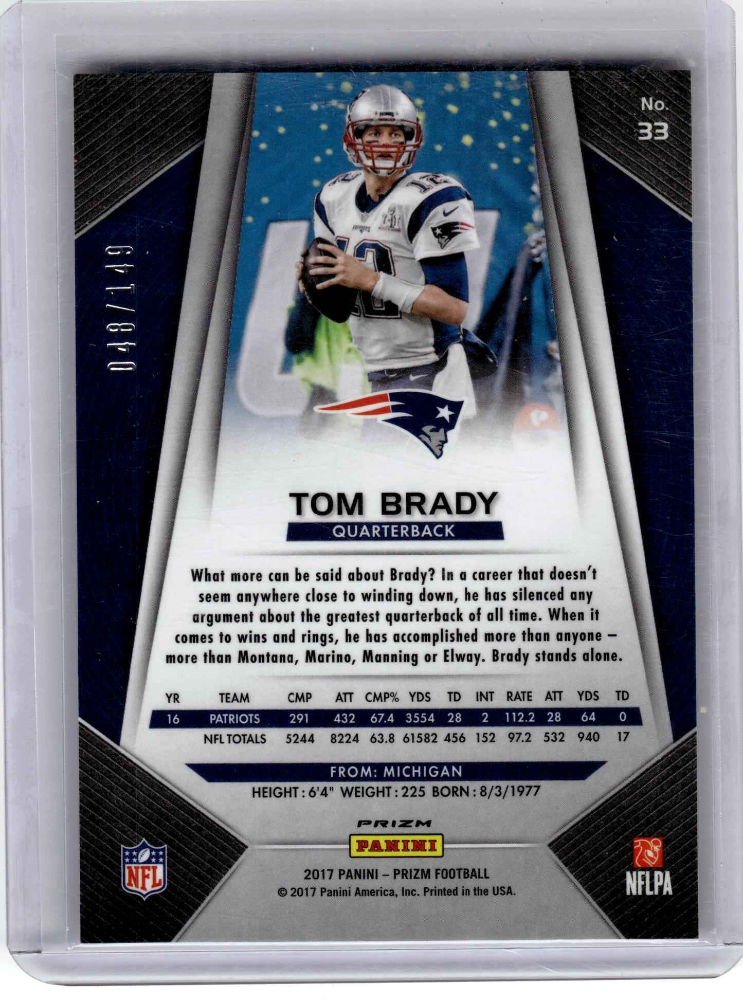 2017 Panini Prizm Football—Tom Brady #33 Silver 048/149—Excellent