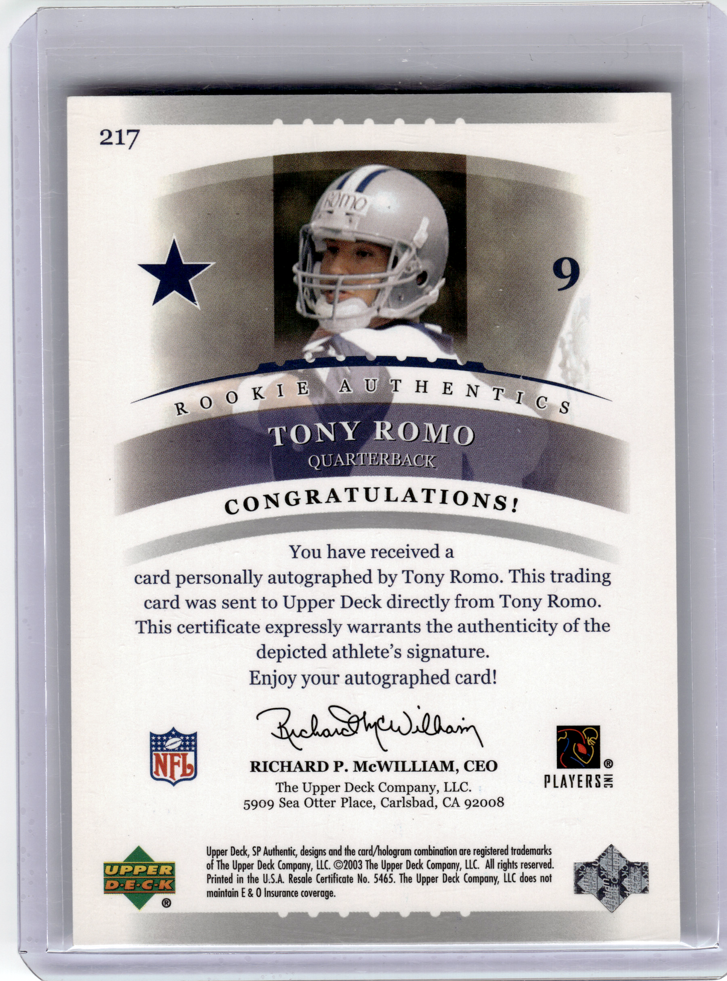 2003 Upper Deck SP Authentic Football—Tony Romo #217 0809/1200—Excellent