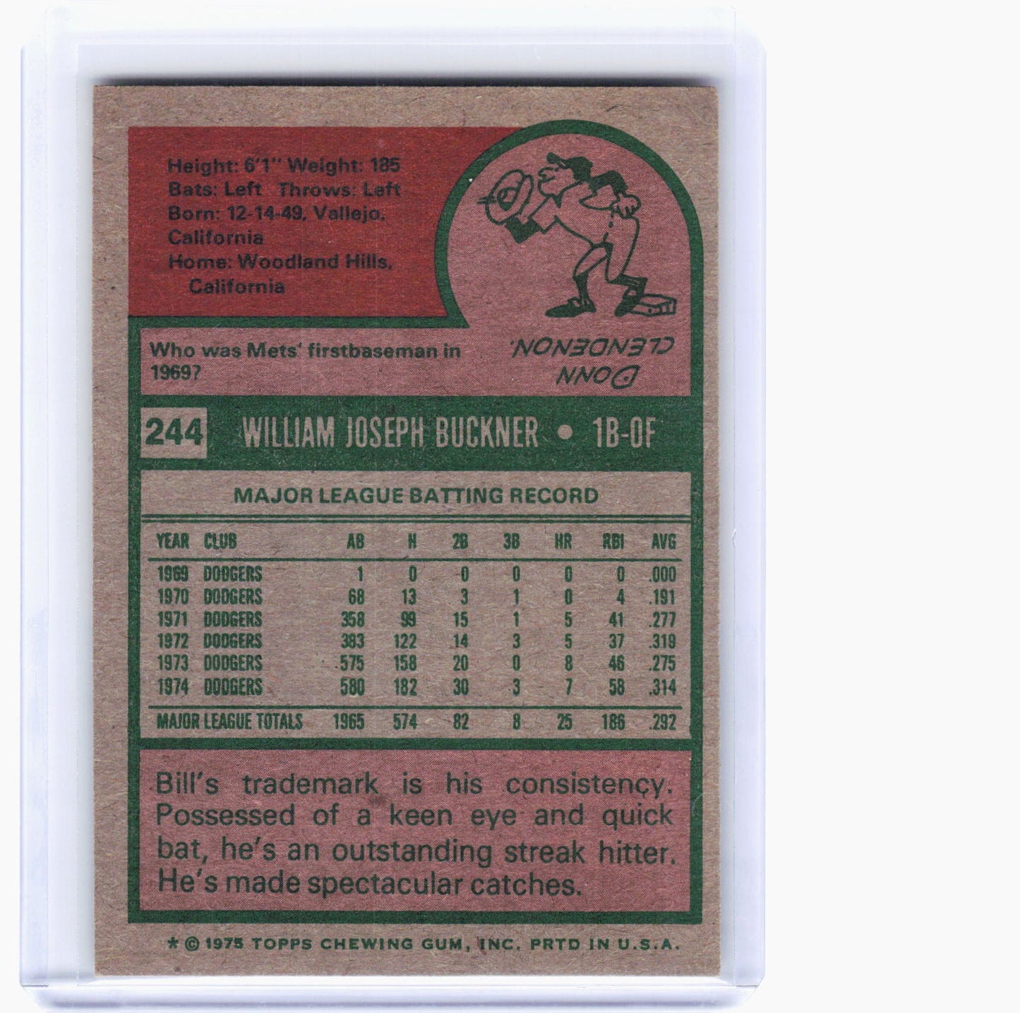 Topps 1975 Topps Baseball—Bill Buckner #244 —Very Good